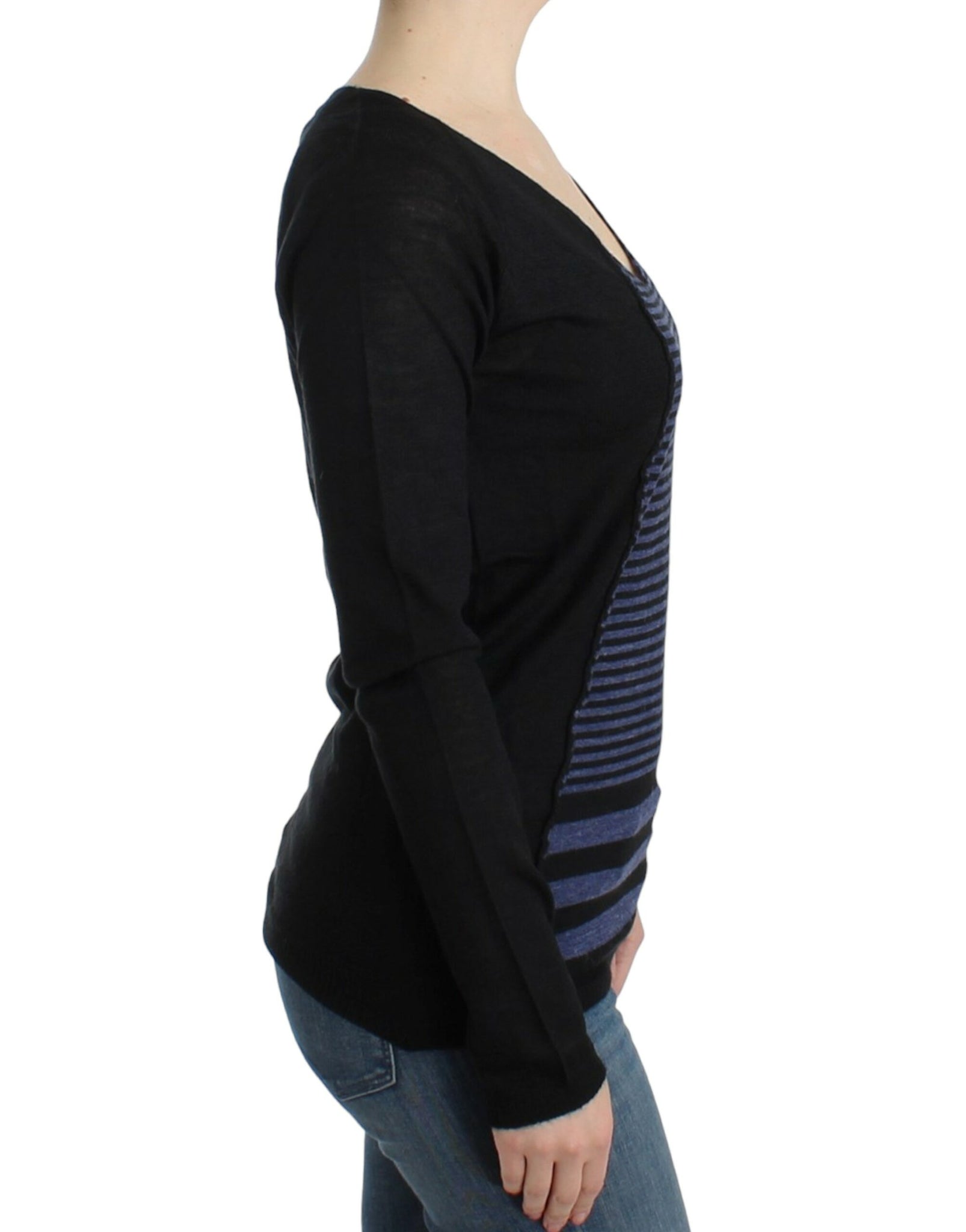 Black striped V-neck sweater