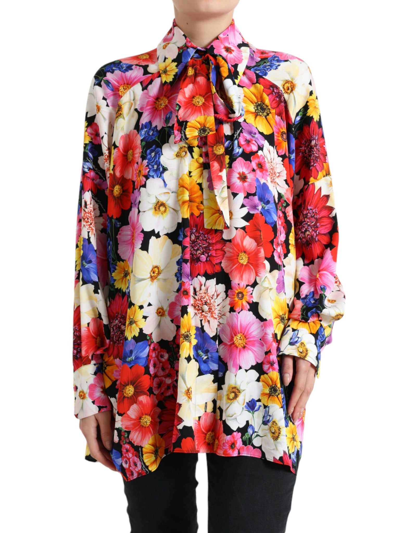 Dolce & Gabbana Multicolor Floral Ascot Collared Blouse Top