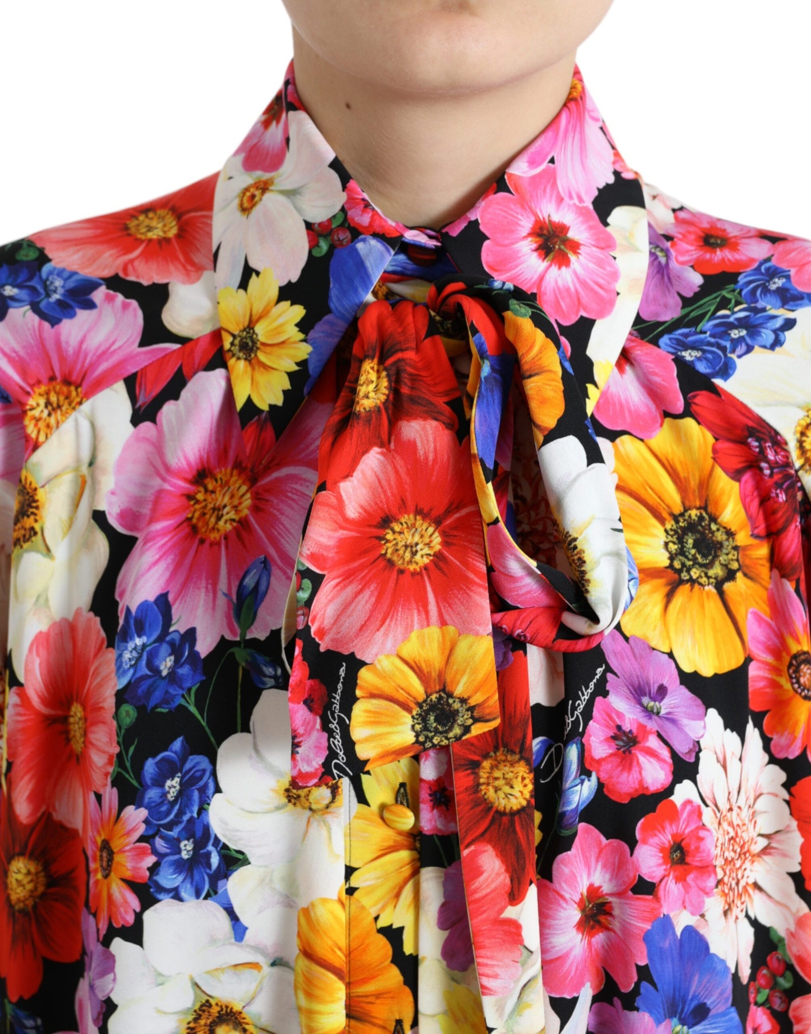 Dolce & Gabbana Multicolor Floral Ascot Collared Blouse Top