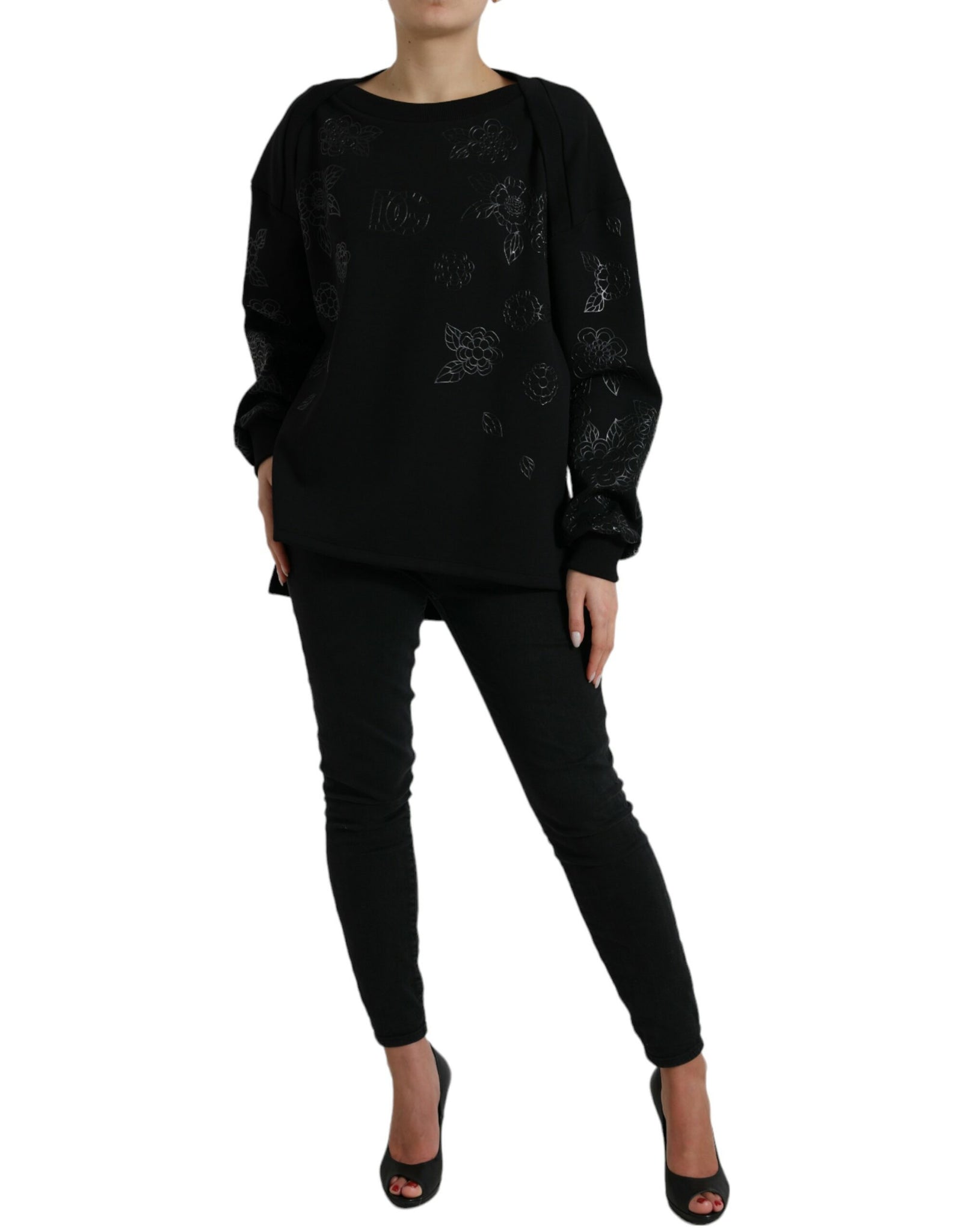 Dolce & Gabbana Black Pullover Floral Logo Applique Sweater