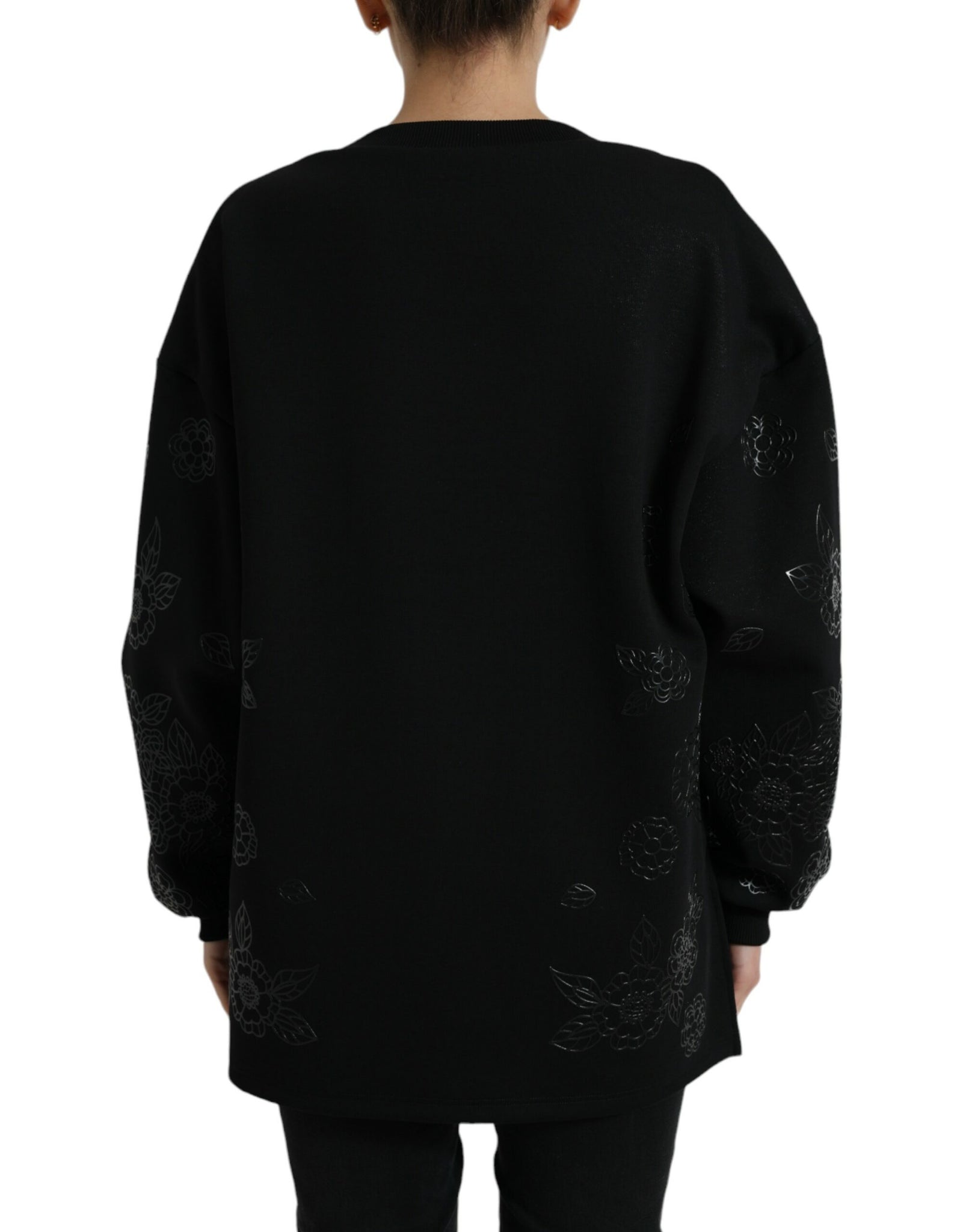 Dolce & Gabbana Black Pullover Floral Logo Applique Sweater