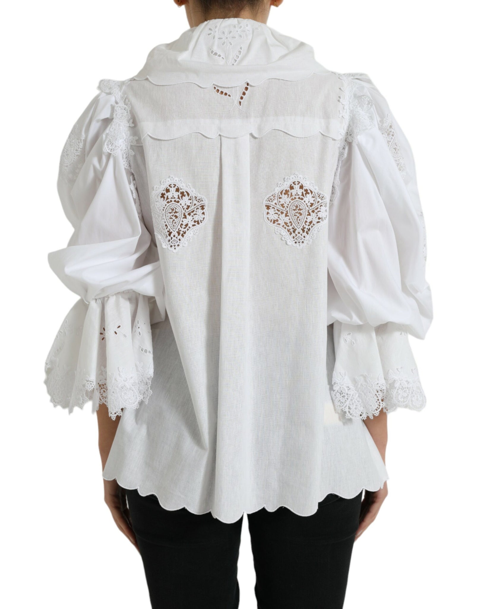 Dolce & Gabbana White Cotton Lace Trim Collared Blouse Top