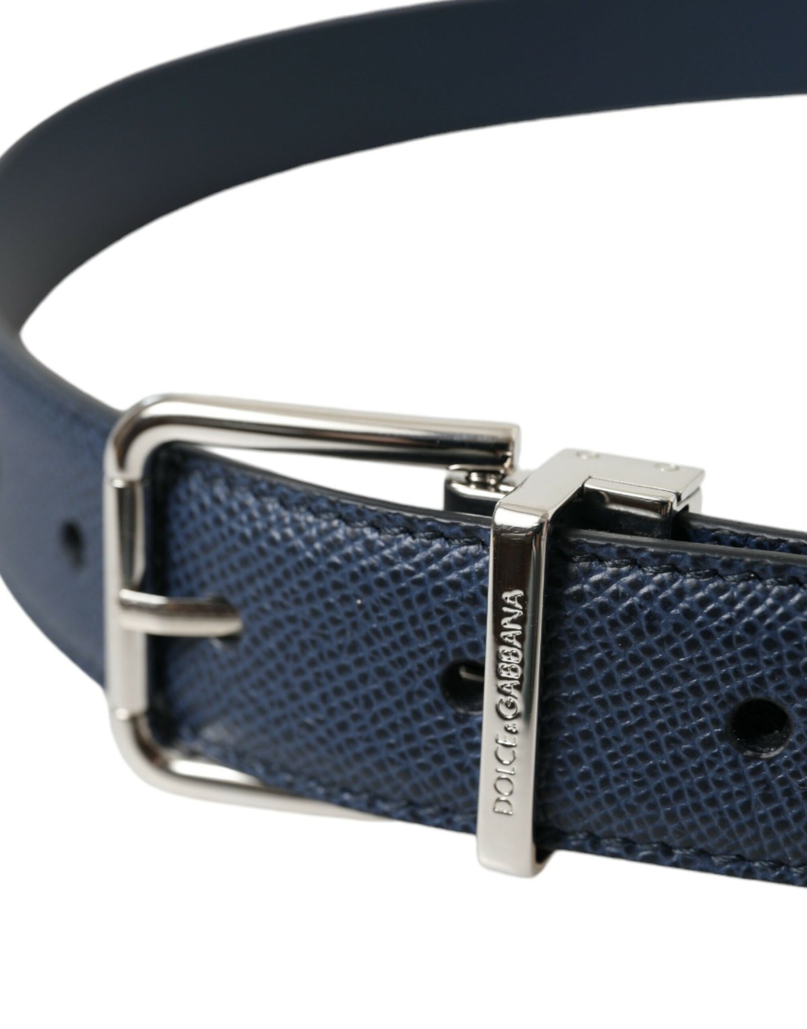 Dolce & Gabbana Navy Blue Leather Silver Metal Buckle Belt