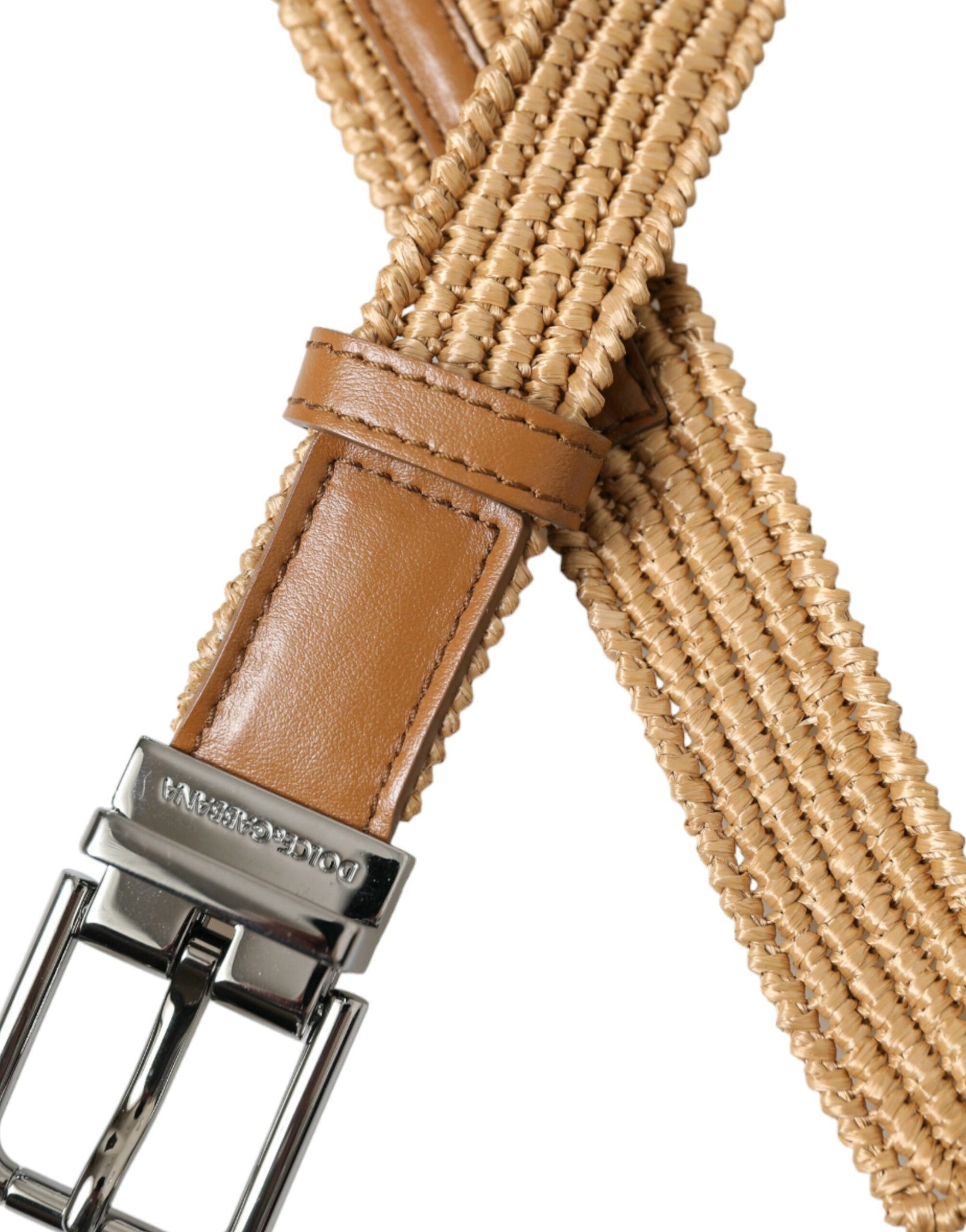 Dolce & Gabbana Beige Raffia Braided Silver Metal Buckle Belt