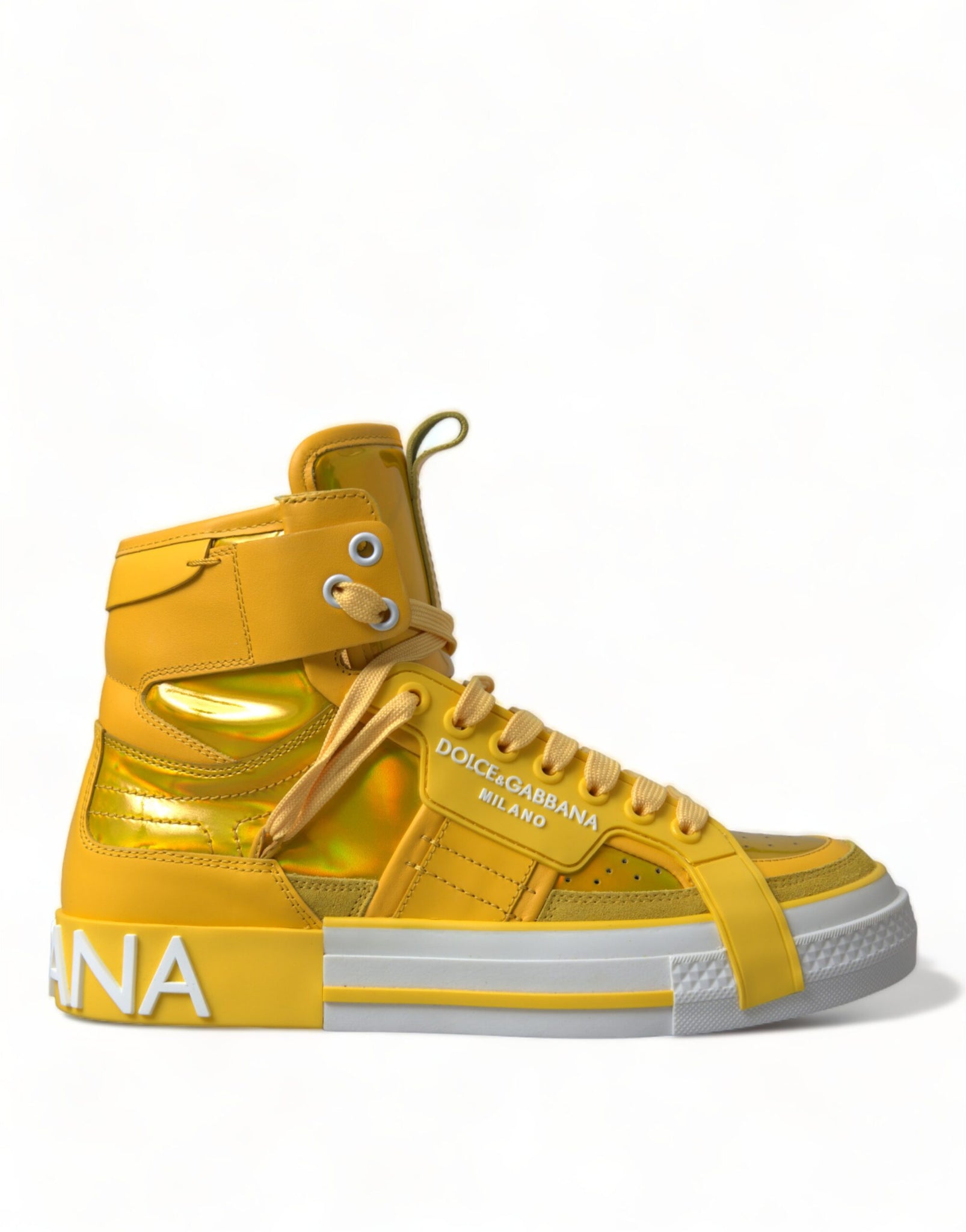 Dolce & Gabbana Yellow White Leather High Top Sneakers Shoes