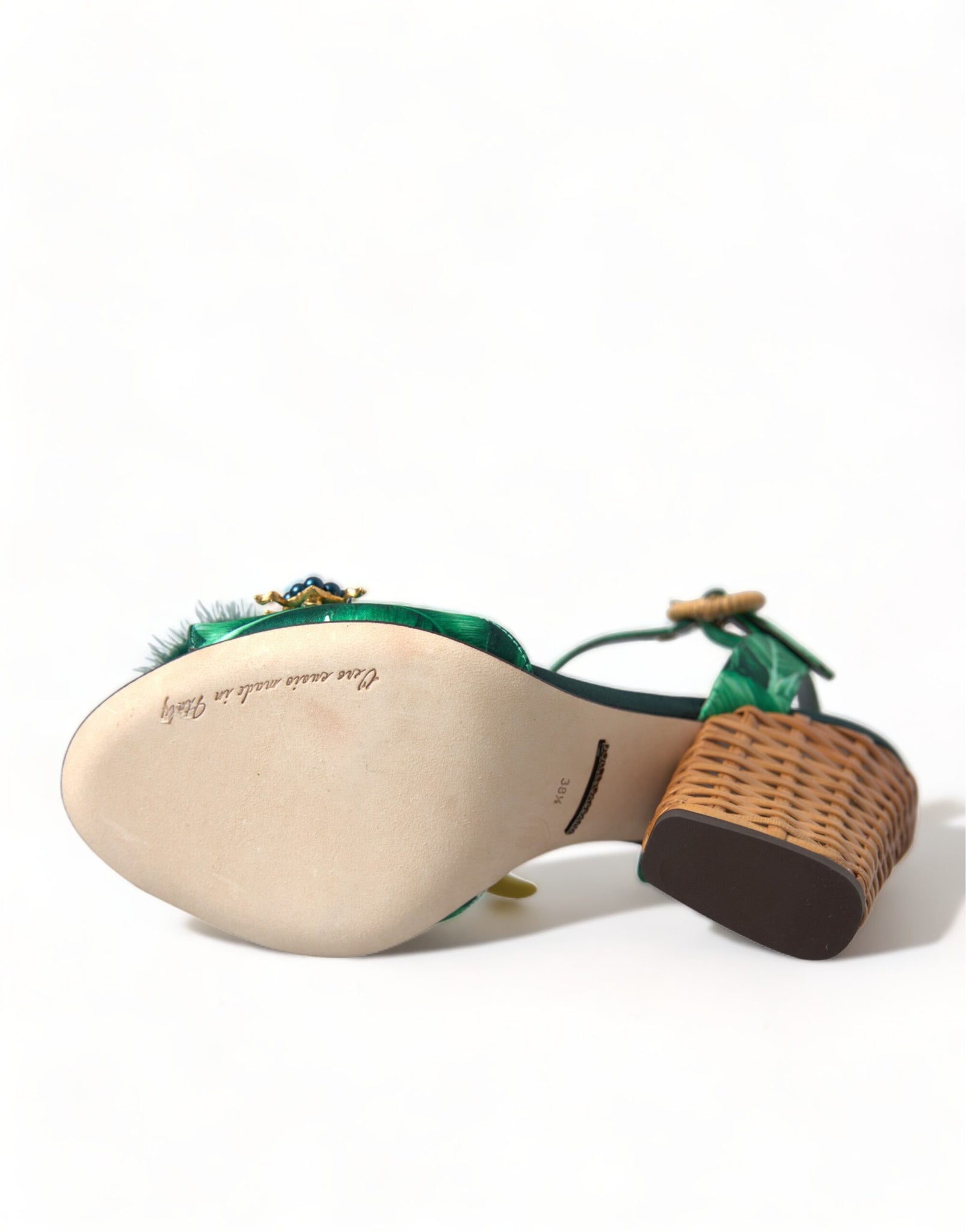 Dolce & Gabbana Green Banana Leaf Embellished T-Strap Sandals Shoes