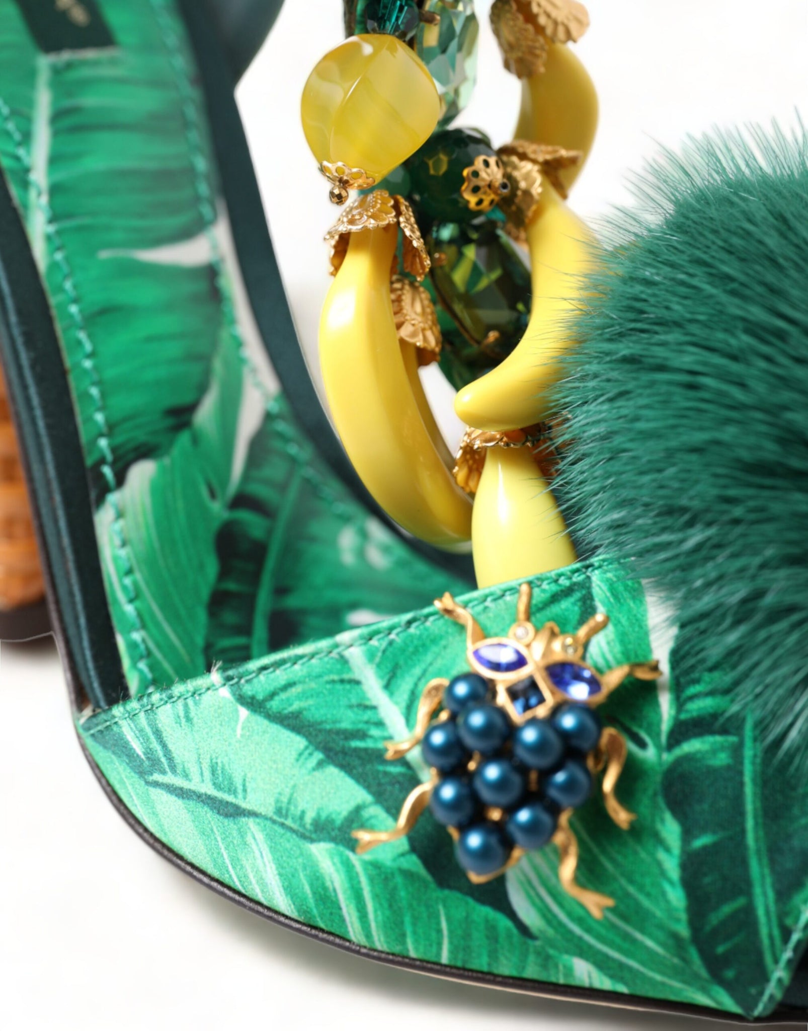 Dolce & Gabbana Green Banana Leaf Embellished T-Strap Sandals Shoes