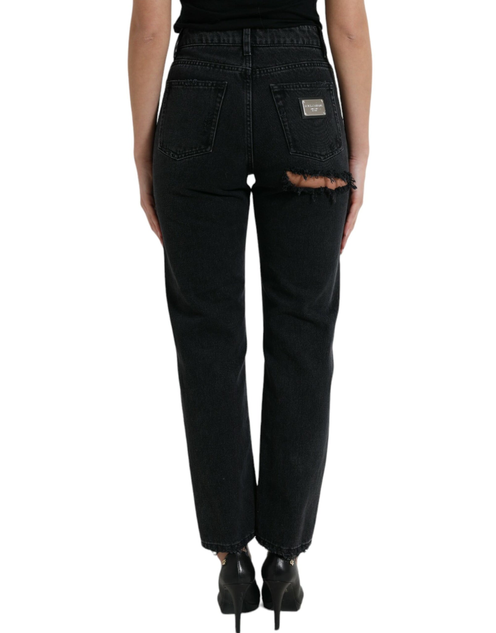 Dolce & Gabbana Black Cotton High Waist Tattered Denim Jeans