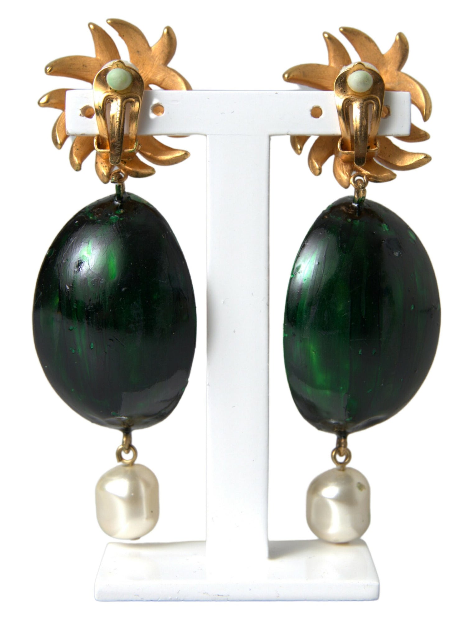 Dolce & Gabbana Red Watermelon Gold Brass Crystal Clip Dangling Earrings