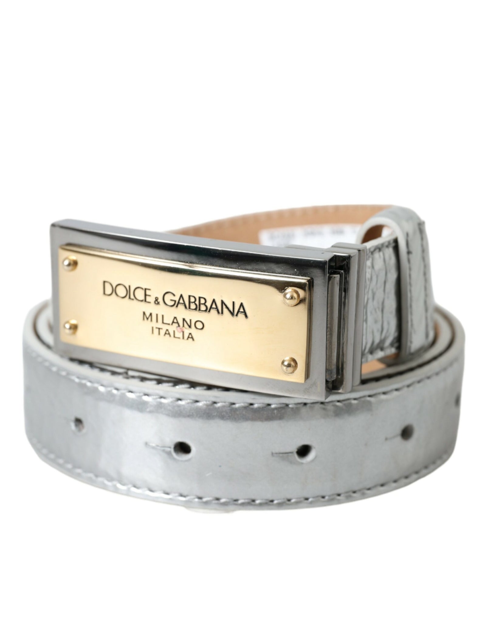 Dolce & Gabbana Silver Leather Metal Logo Buckle Belt Men