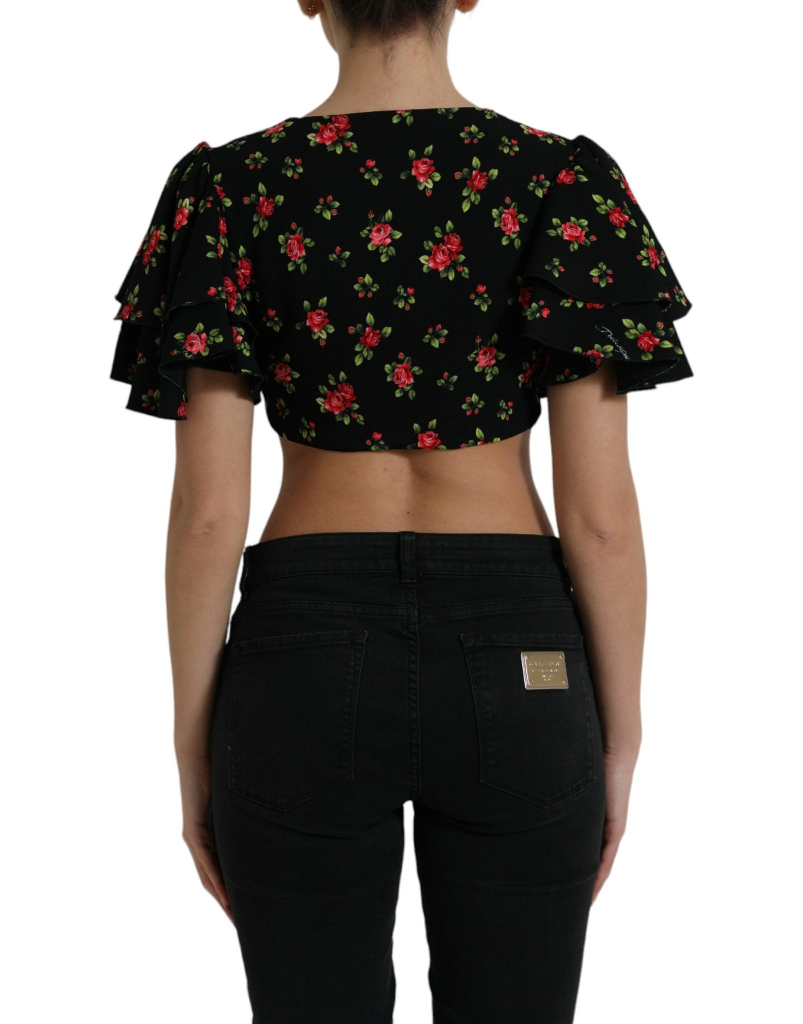 Dolce & Gabbana Black Floral Print Short Sleeves Cropped Top