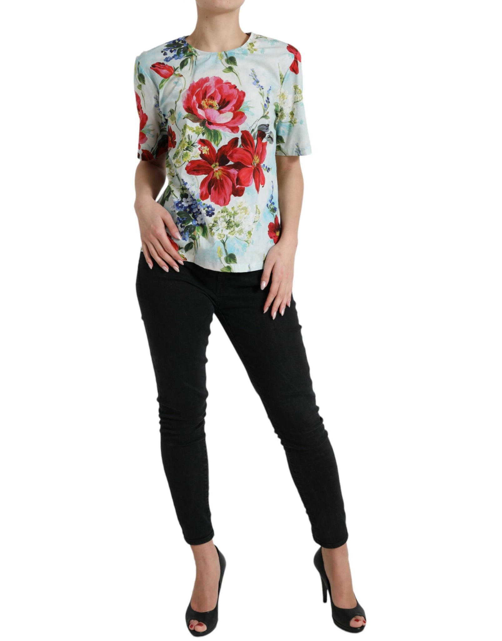 Dolce & Gabbana Multicolor Floral Cotton Round Neck Blouse Top