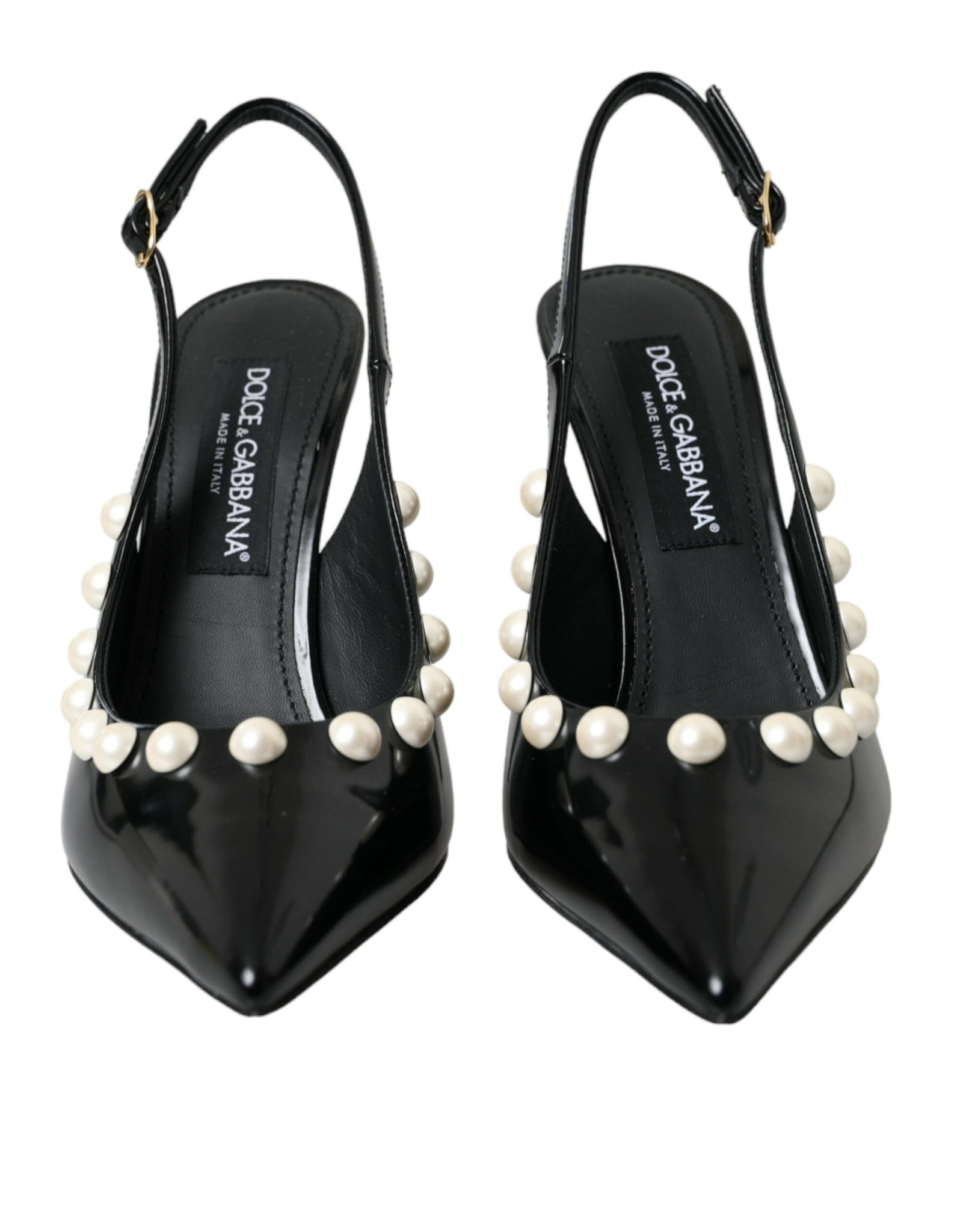 Dolce & Gabbana Black Leather Faux Pearl Heel Slingback Shoes