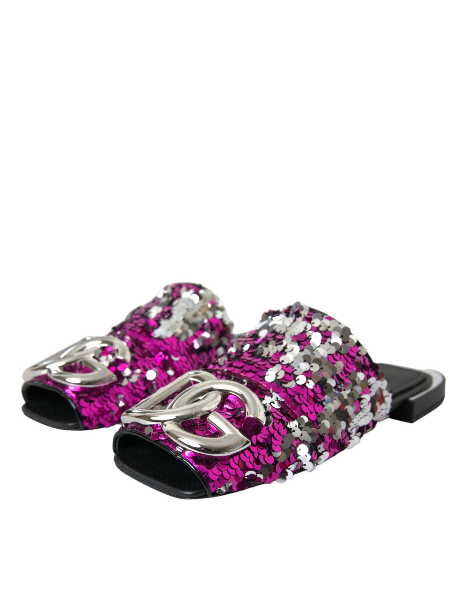 Dolce & Gabbana Fuchsia Sequin Logo Slides Sandals Shoes