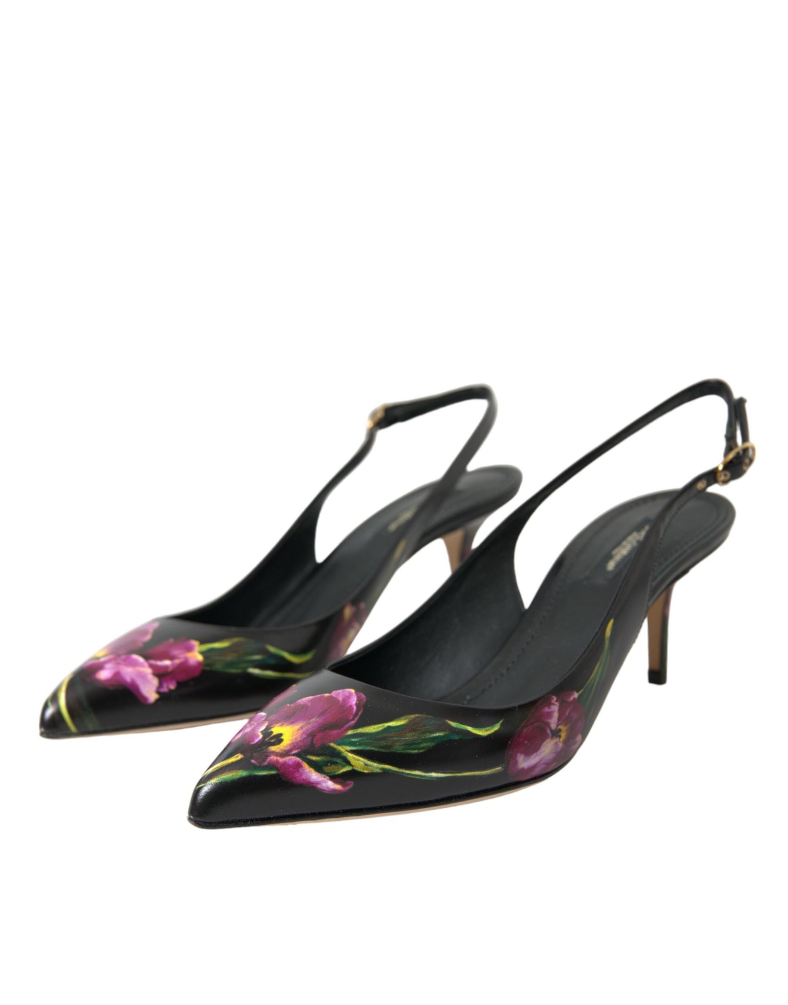 Dolce & Gabbana Black Floral Leather Heels Slingback Shoes