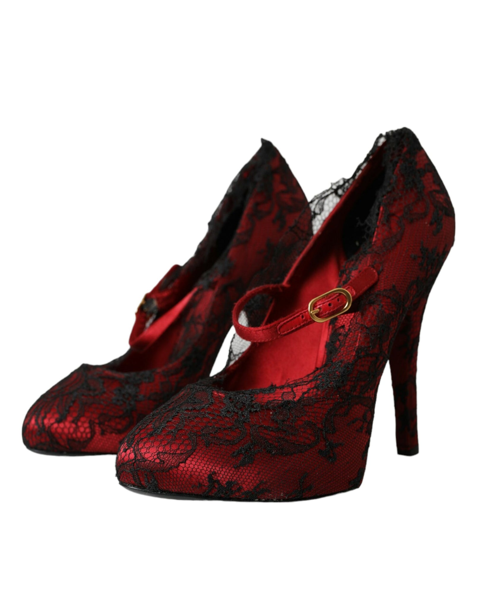 Dolce & Gabbana Red Black Floral Lace Mary Jane Pumps Shoes