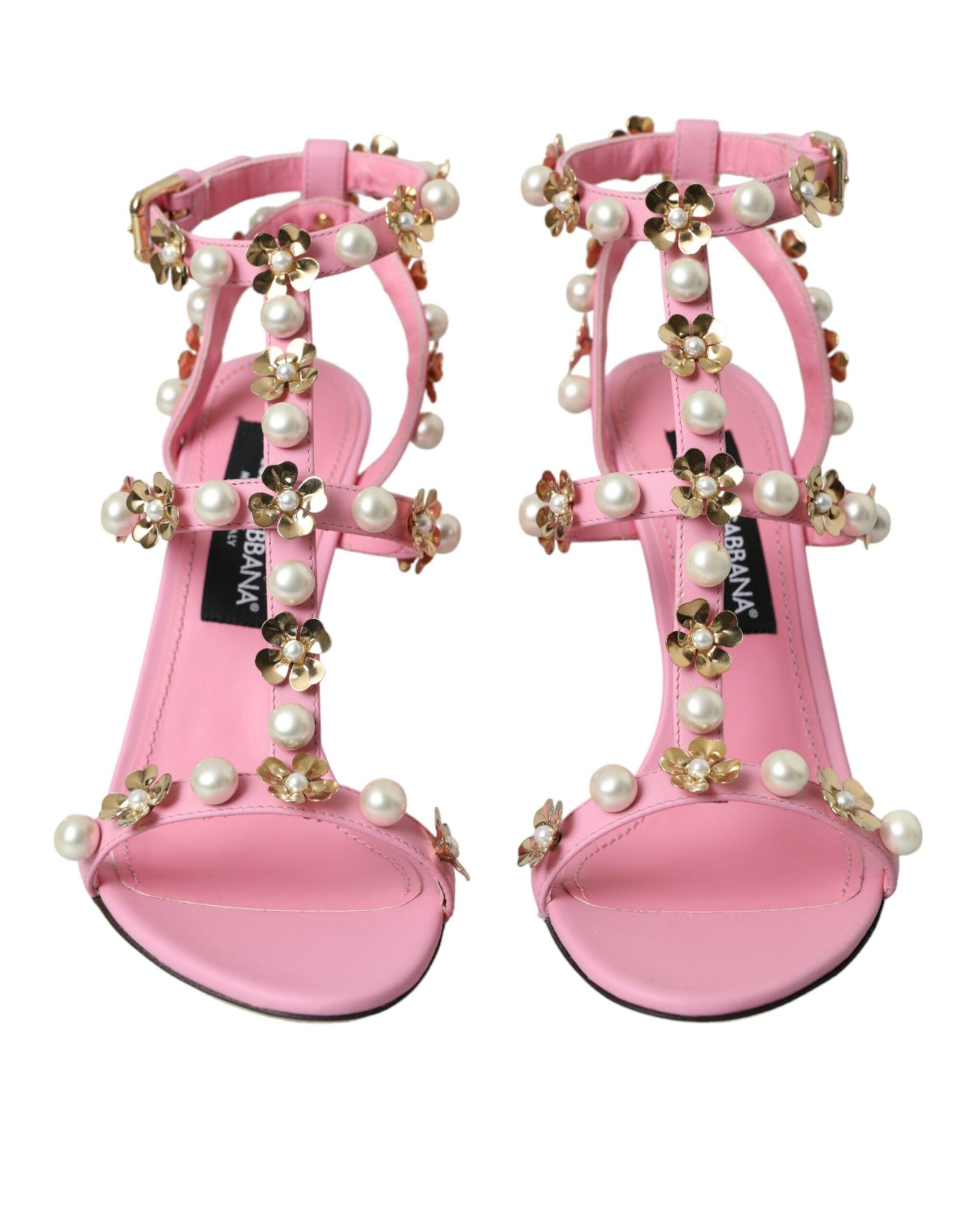 Dolce & Gabbana Pink Leather Embellished Heels Sandals Shoes