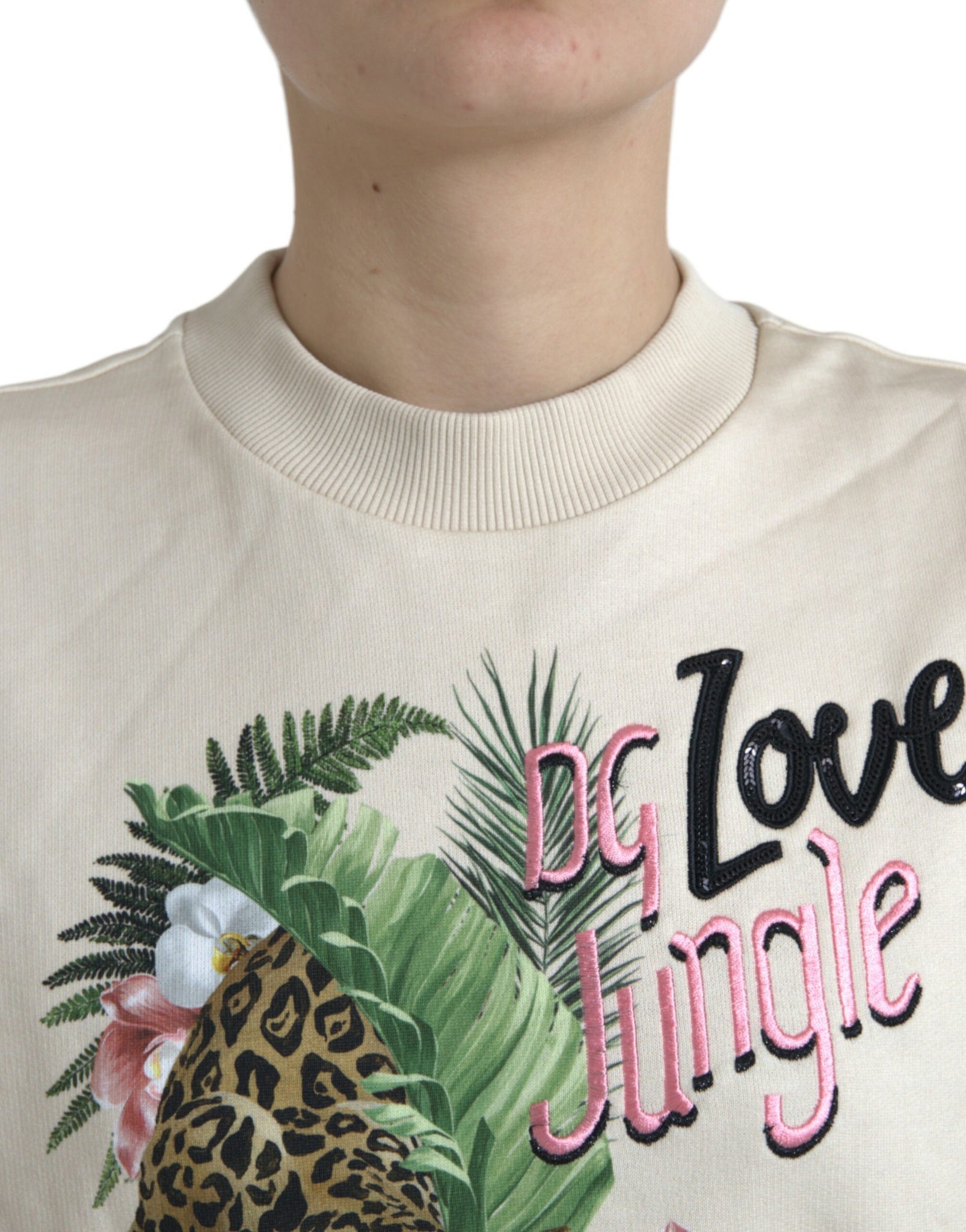 Dolce & Gabbana Beige Jungle Printed Cotton Pullover Sweater