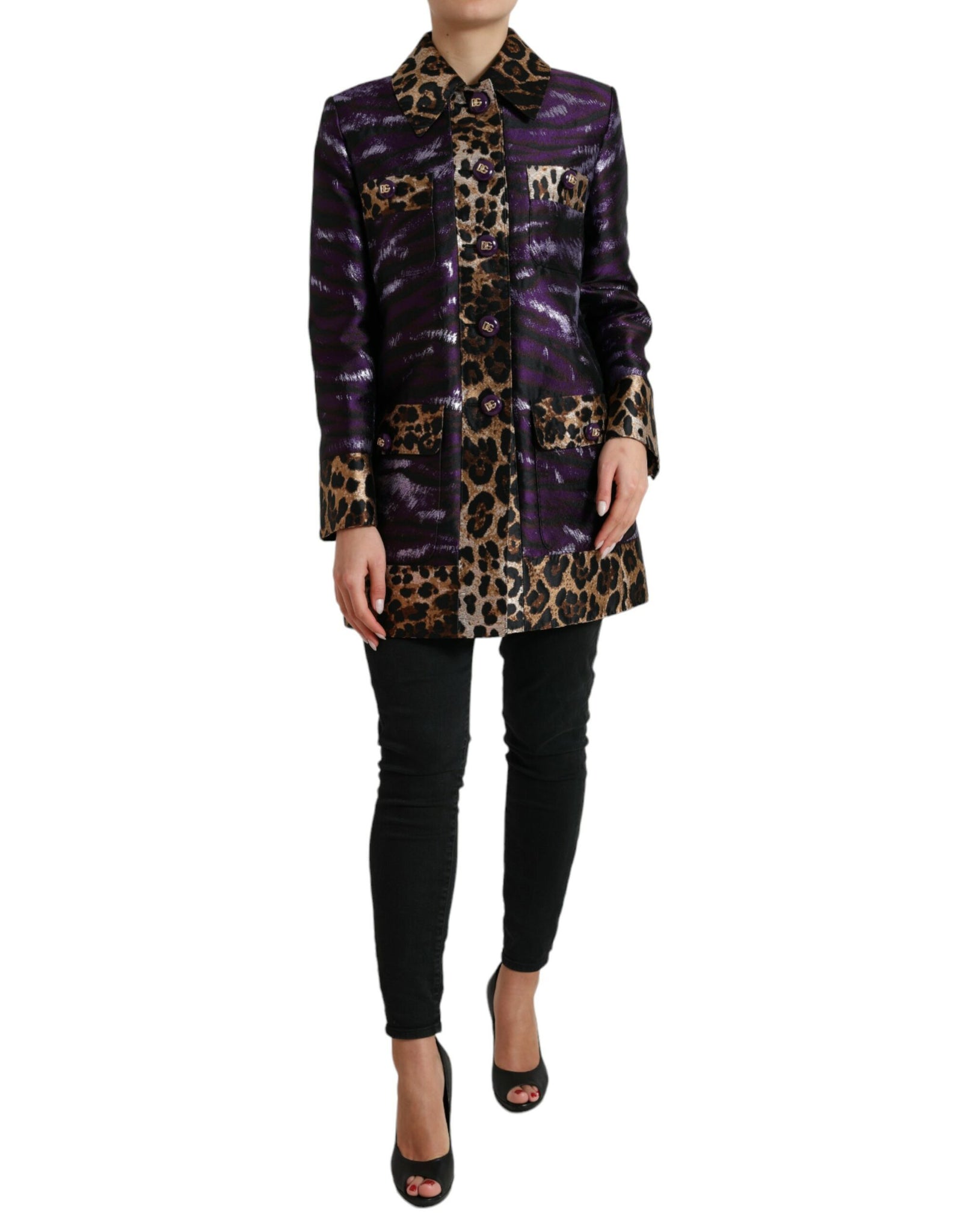 Dolce & Gabbana Purple Lamé Jacquard Tiger Print Coat Jacket