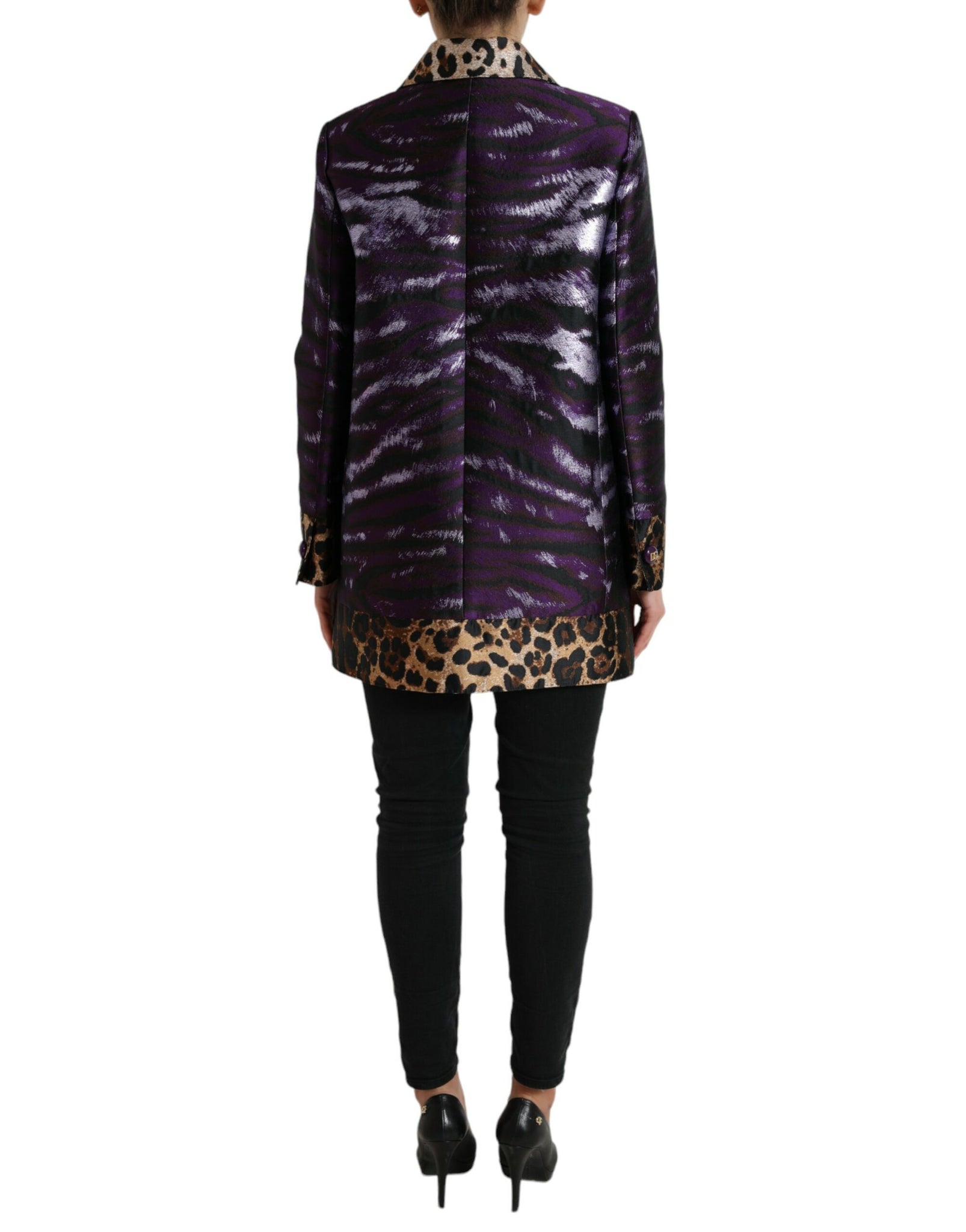 Dolce & Gabbana Purple Lamé Jacquard Tiger Print Coat Jacket