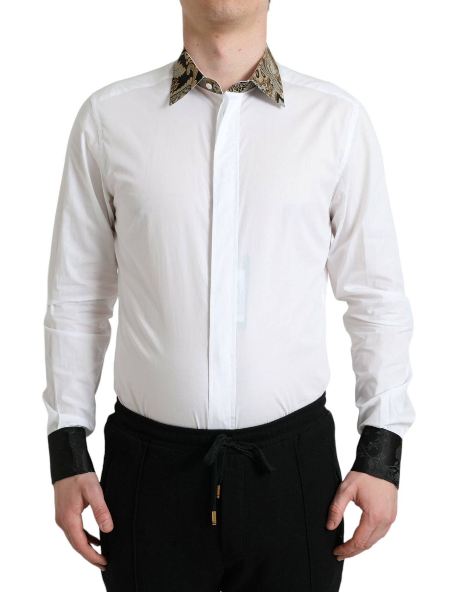 Dolce & Gabbana White Cotton Jacquard Formal GOLD Dress Shirt