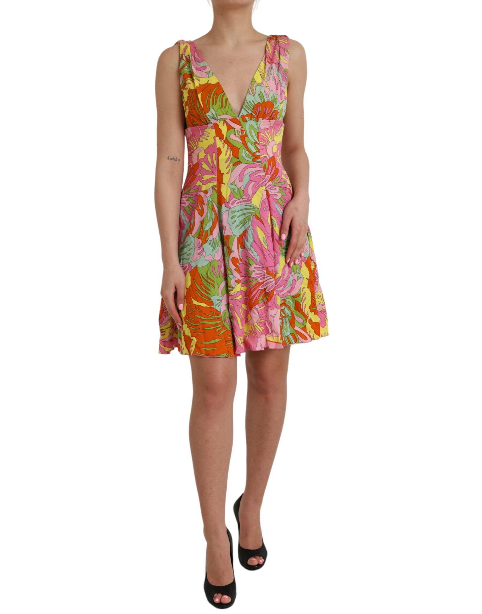 Dolce & Gabbana Multicolor Floral Silk Chiffon V-neck Dress