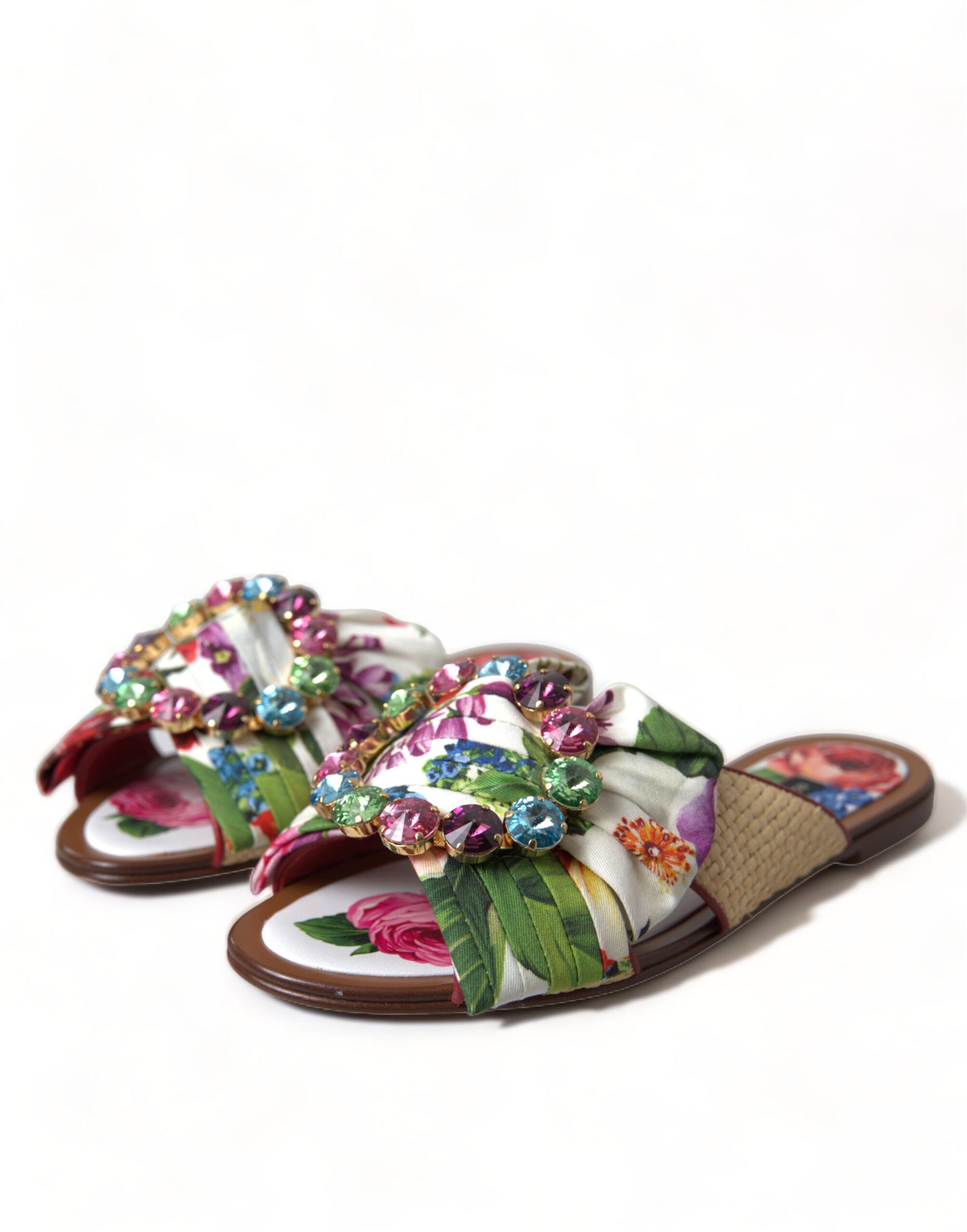 Dolce & Gabbana Multicolor Floral Flats Crystal Sandals Shoes