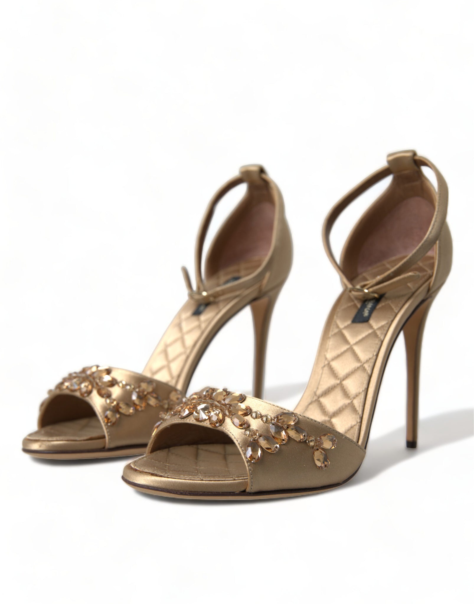 Dolce & Gabbana Gold Satin Ankle Strap Crystal Sandals Shoes