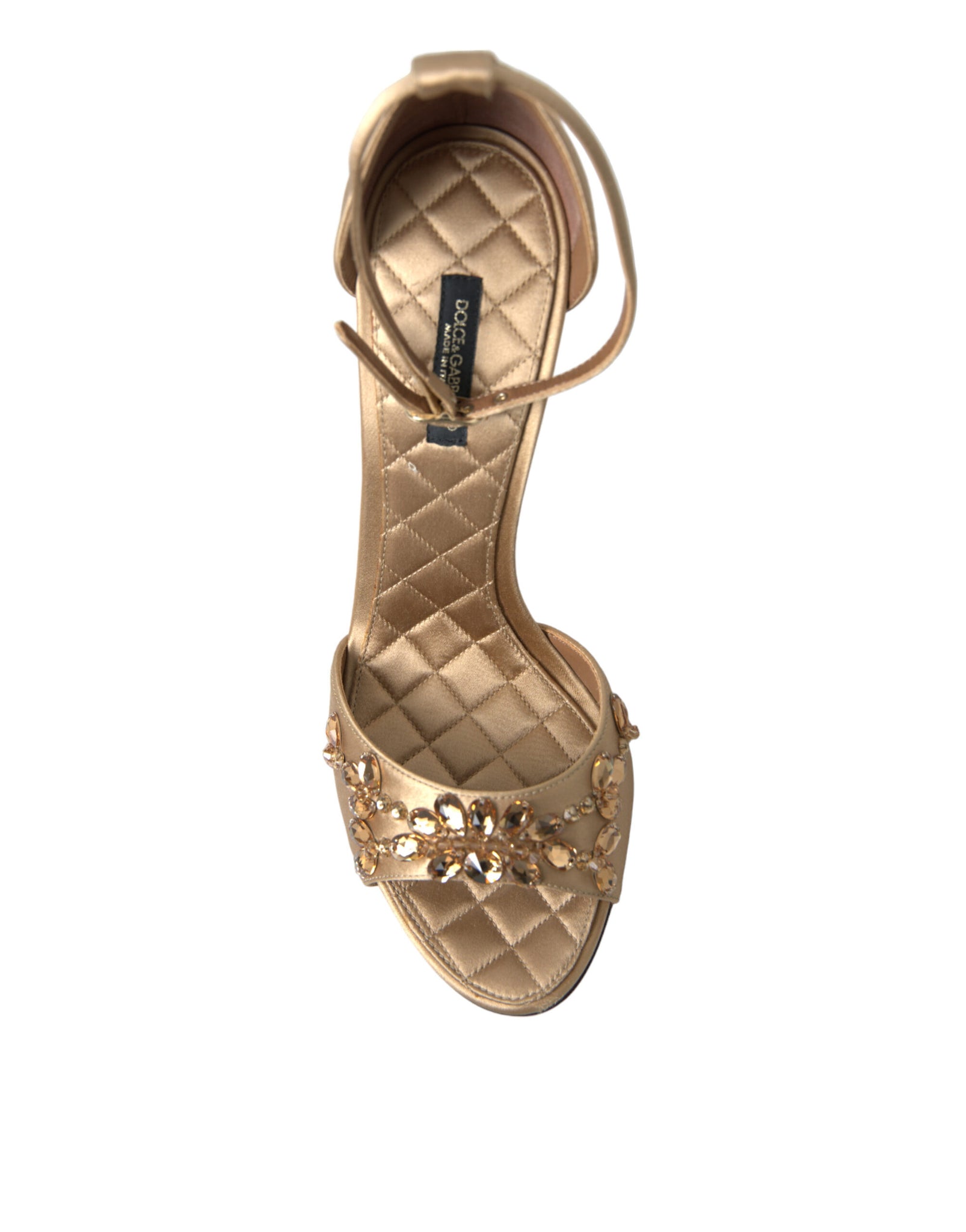 Dolce & Gabbana Gold Satin Ankle Strap Crystal Sandals Shoes