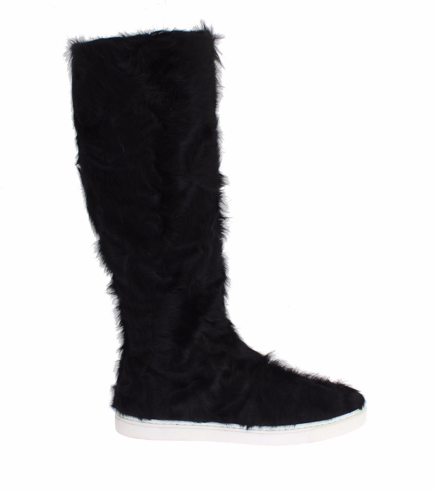 Dolce & Gabbana Elegant Black Fur Leather Flat Sneaker Boots