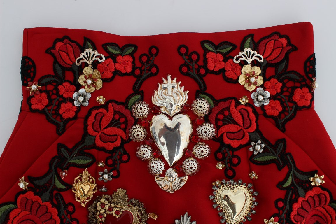 Dolce & Gabbana Red Silk Crystal-Embellished Mini Shorts