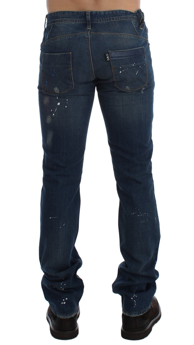 Blue Wash Paint Slim Fit Pants Jeans