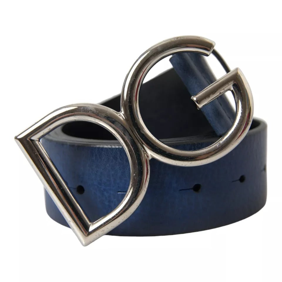 Dolce & Gabbana Blue Calf Leather Silver DG Logo Buckle Belt