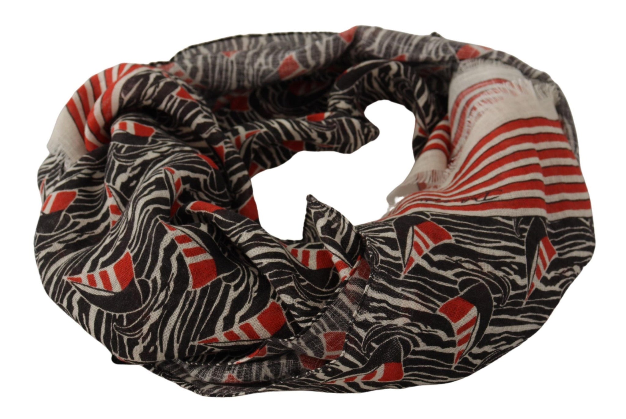 Black Red Linen Sailboat Stripe Print Shawl Scarf