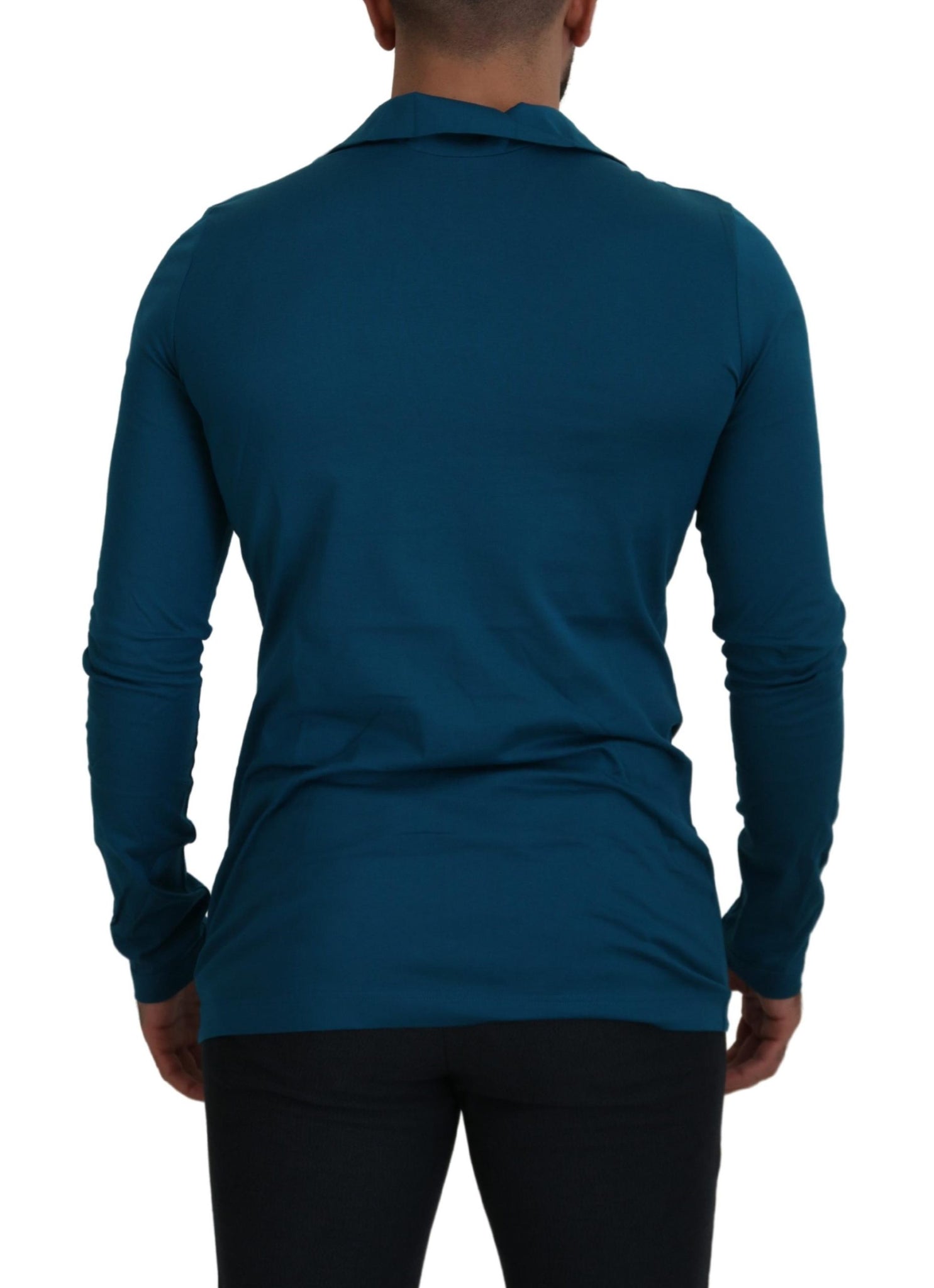 Blue Cotton Collared Slim Pullover Sweater