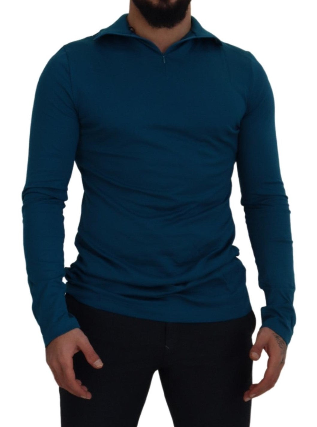 Blue Cotton Collared Slim Pullover Sweater