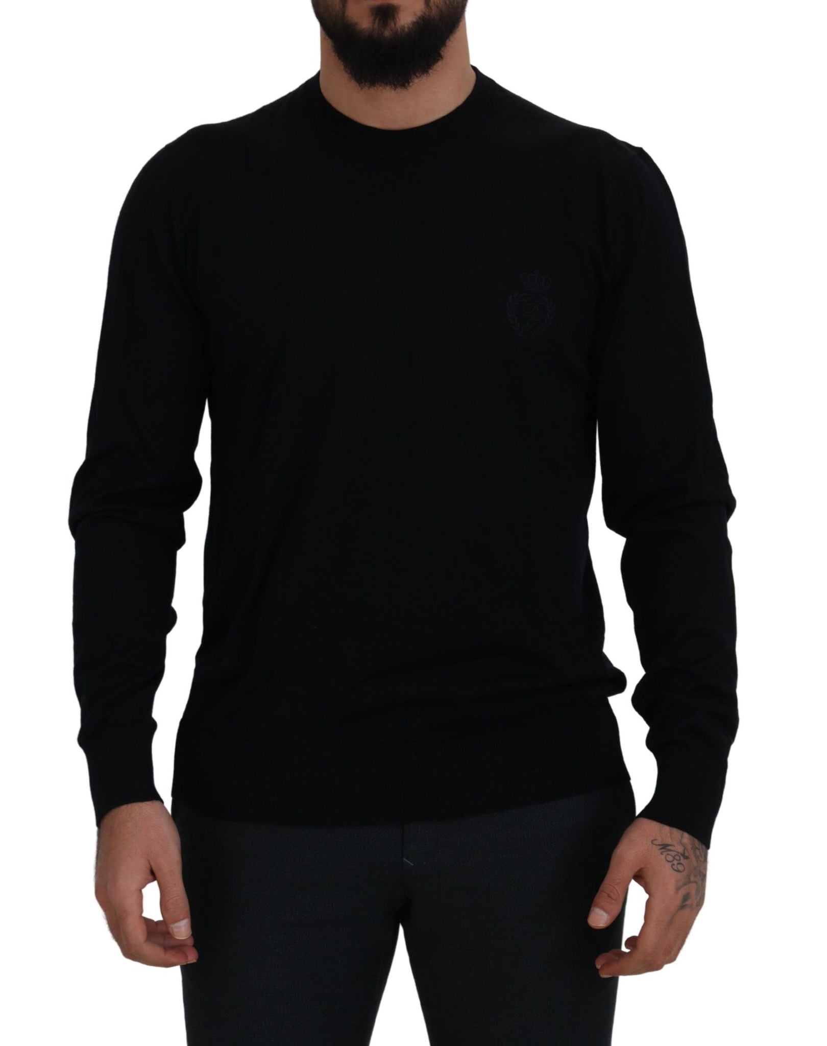 Black Virgin Wool Crewneck Pullover  Sweater