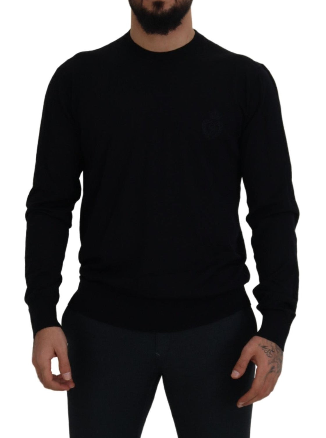 Black Virgin Wool Crewneck Pullover  Sweater