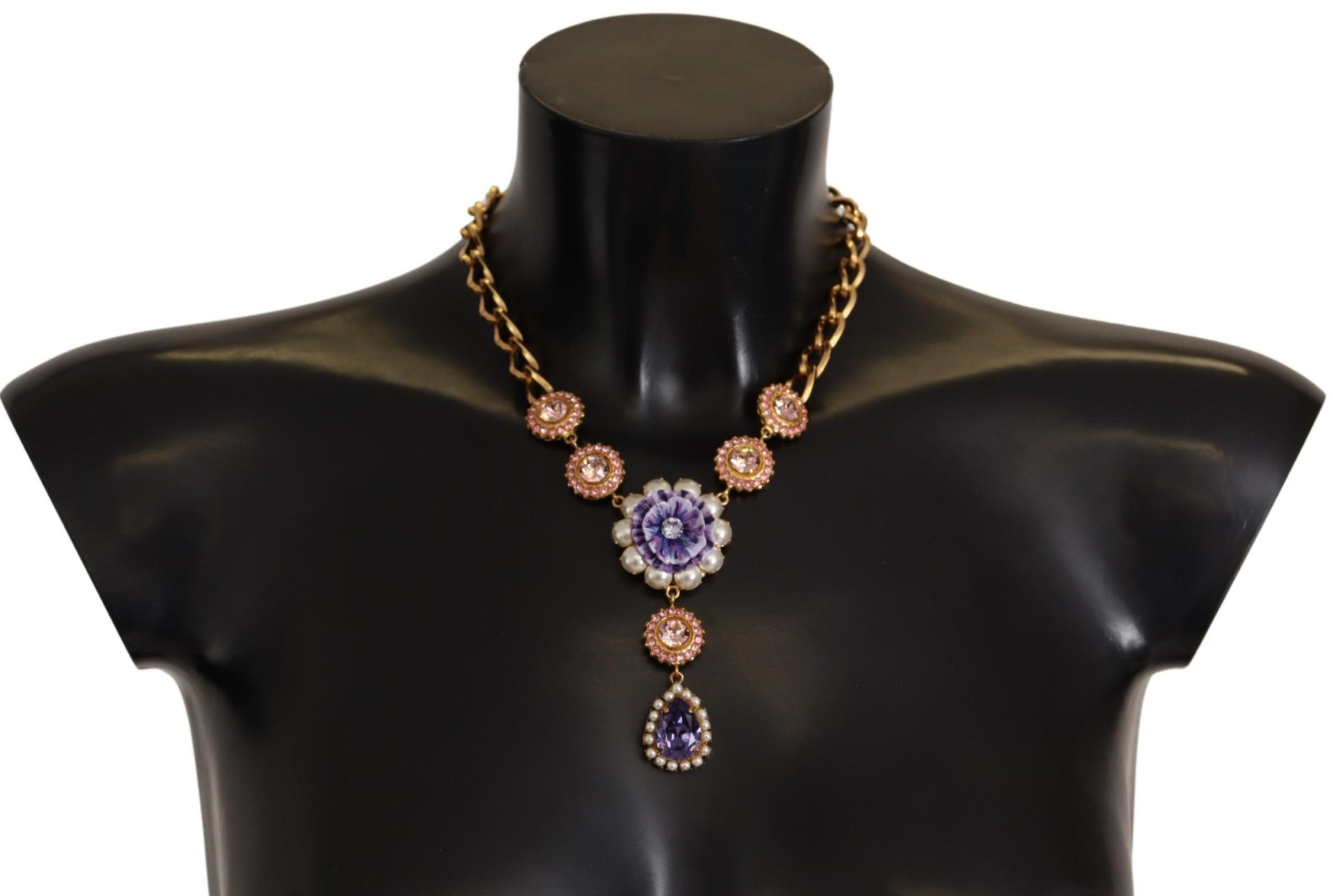 Gold Brass Crystal Purple Pink Pearl Pendants Necklace