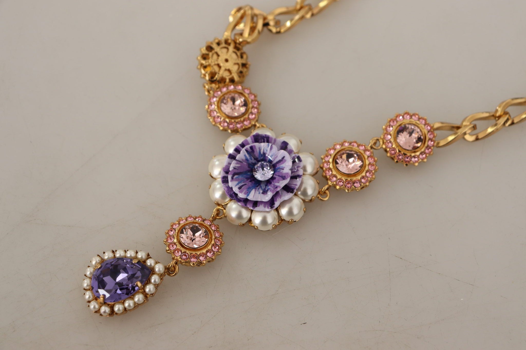 Gold Brass Crystal Purple Pink Pearl Pendants Necklace