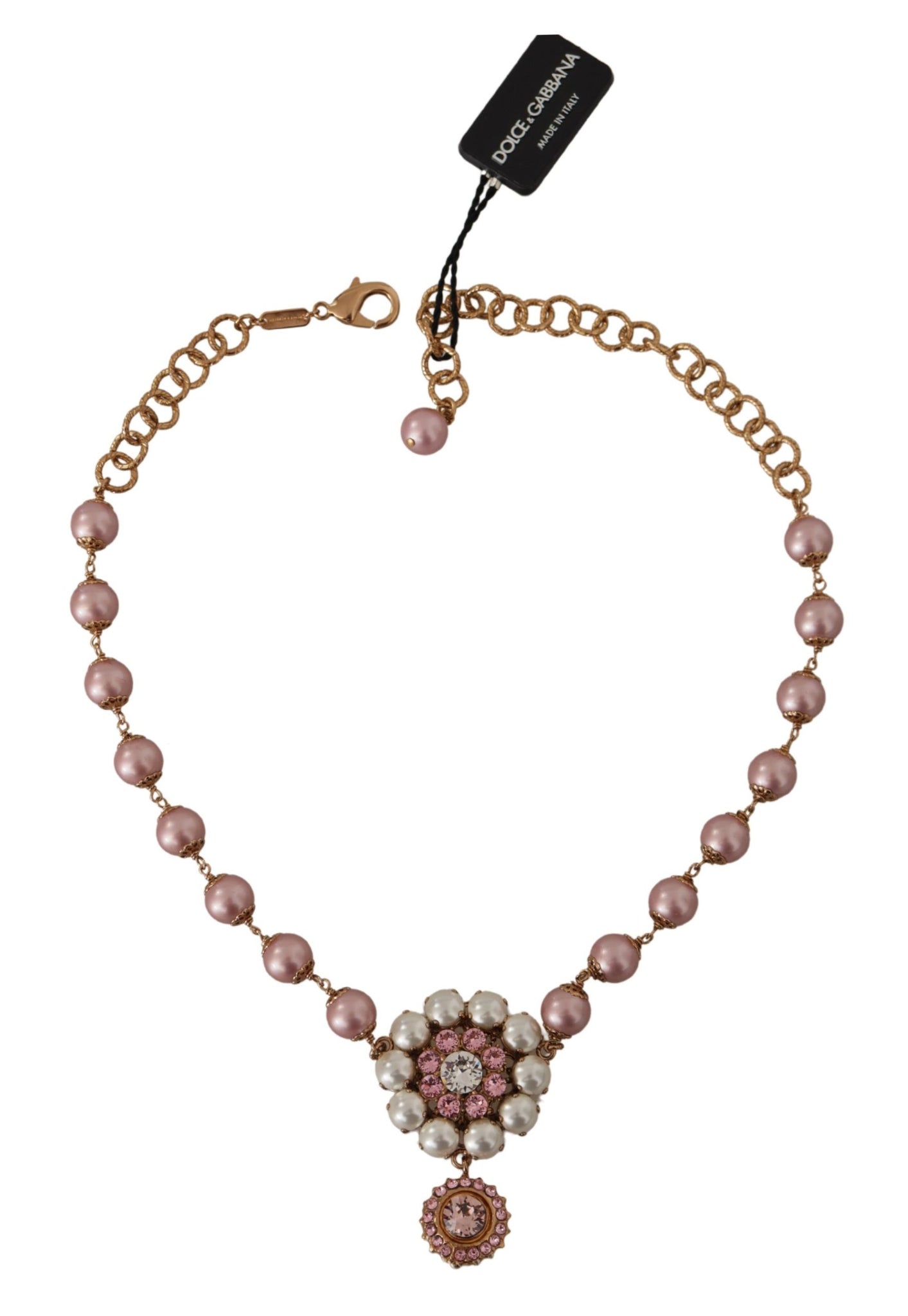 Gold Brass Crystal Pink Faux Pearl Pendants Necklace