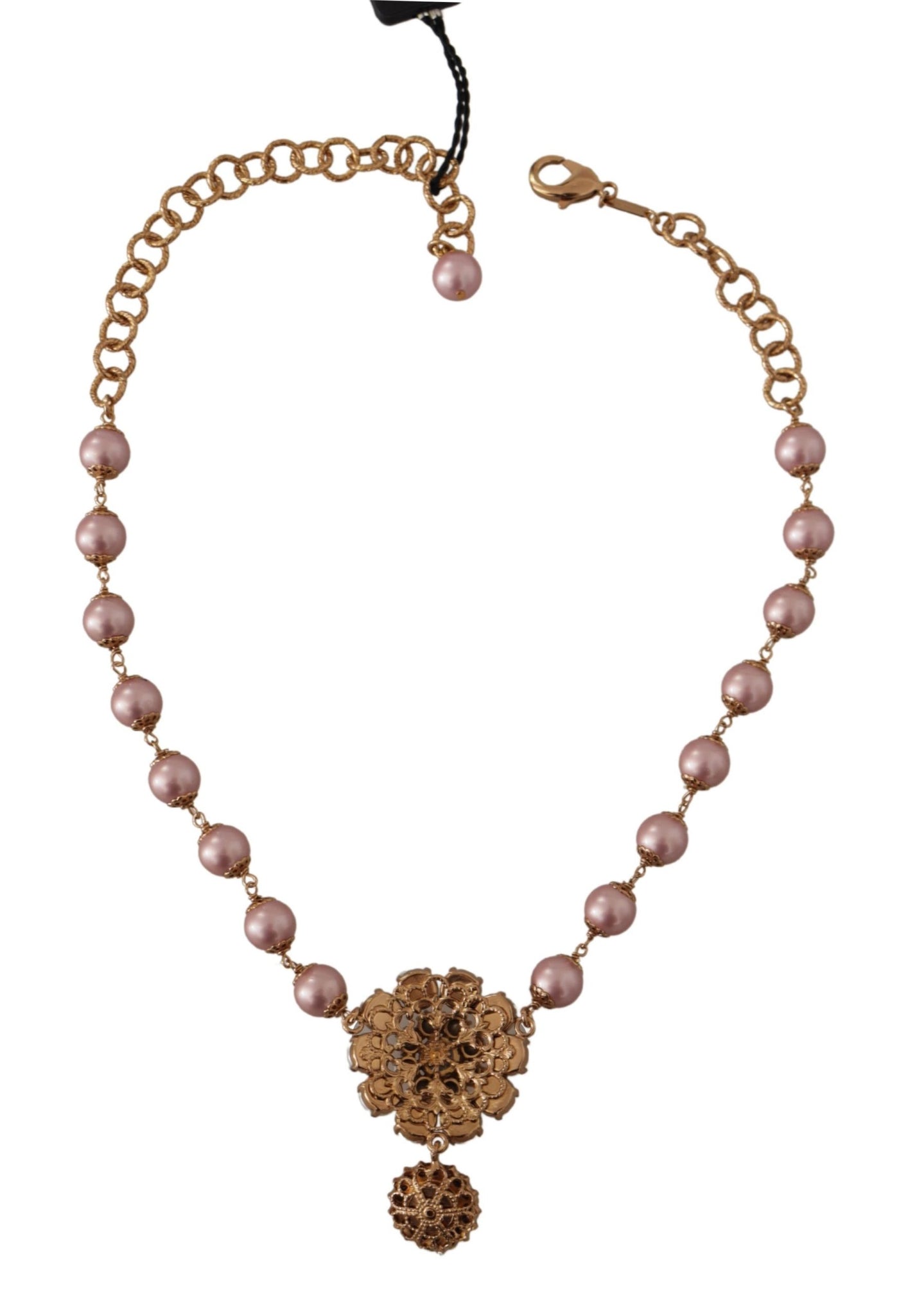 Gold Brass Crystal Pink Faux Pearl Pendants Necklace