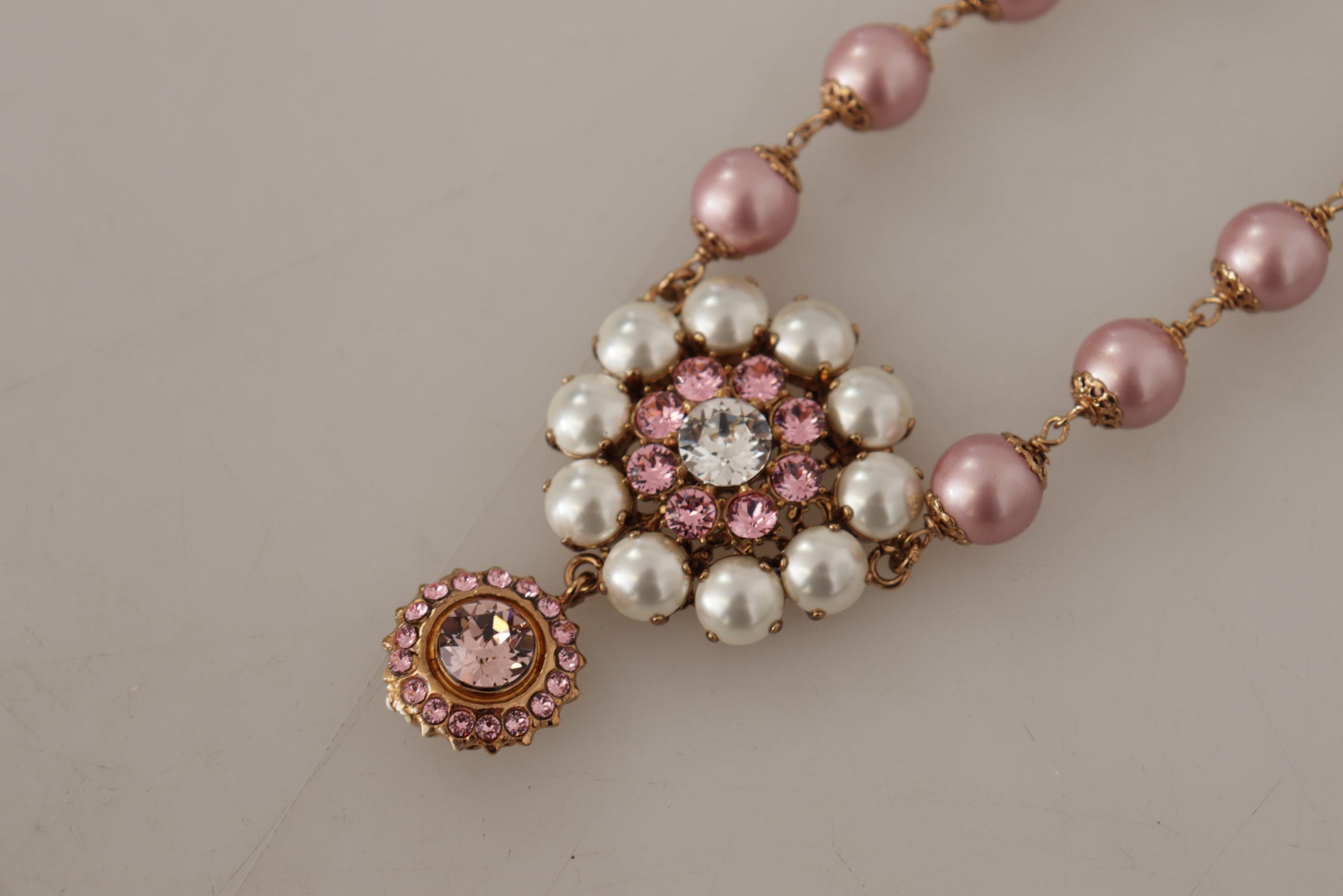 Gold Brass Crystal Pink Faux Pearl Pendants Necklace