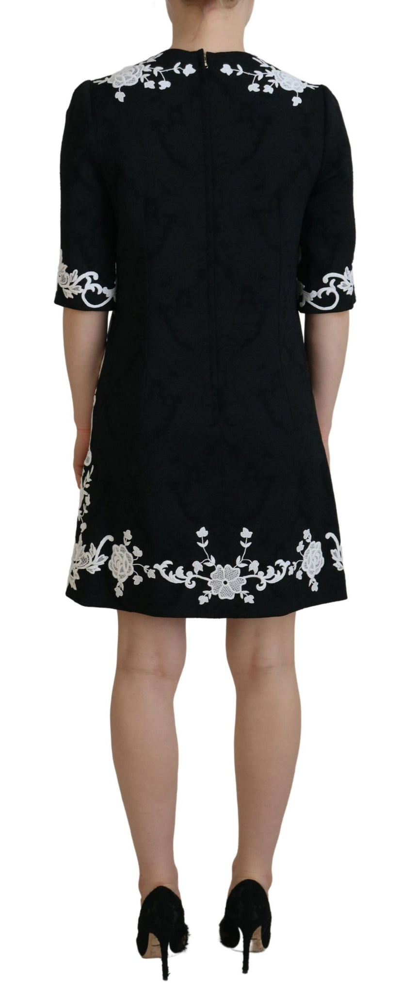 Black Lace Trim Half Sleeves A-line Dress