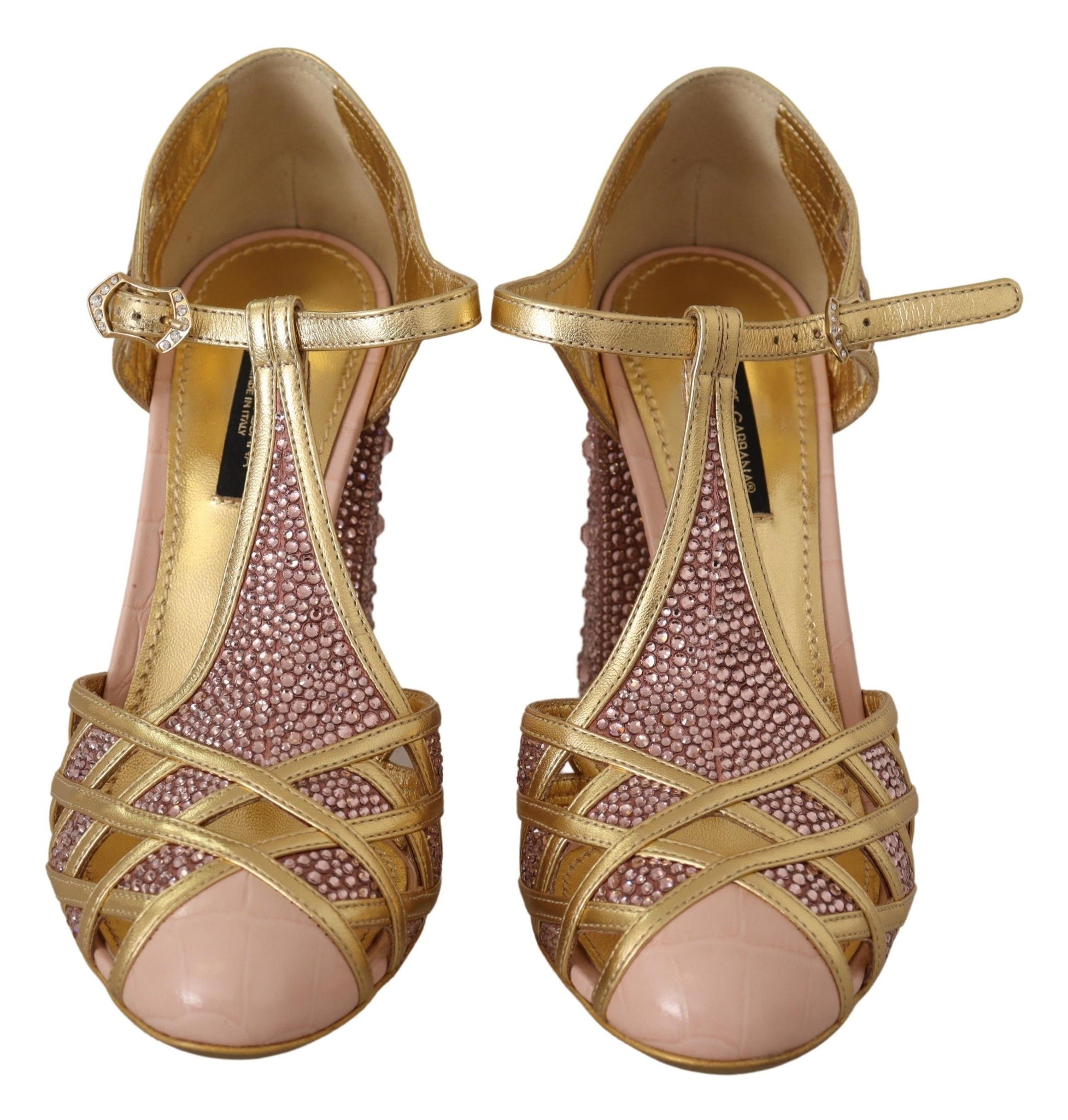 Pink Gold Leather Crystal Pumps T-strap Shoes