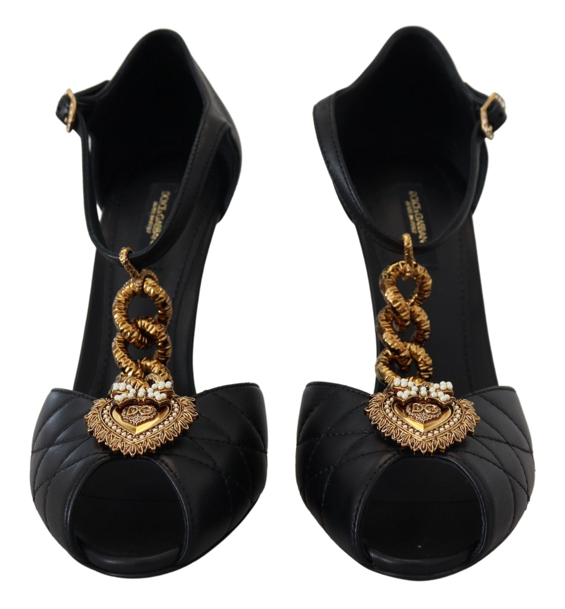 Black Leather Gold Devotion Heart Sandals Shoes