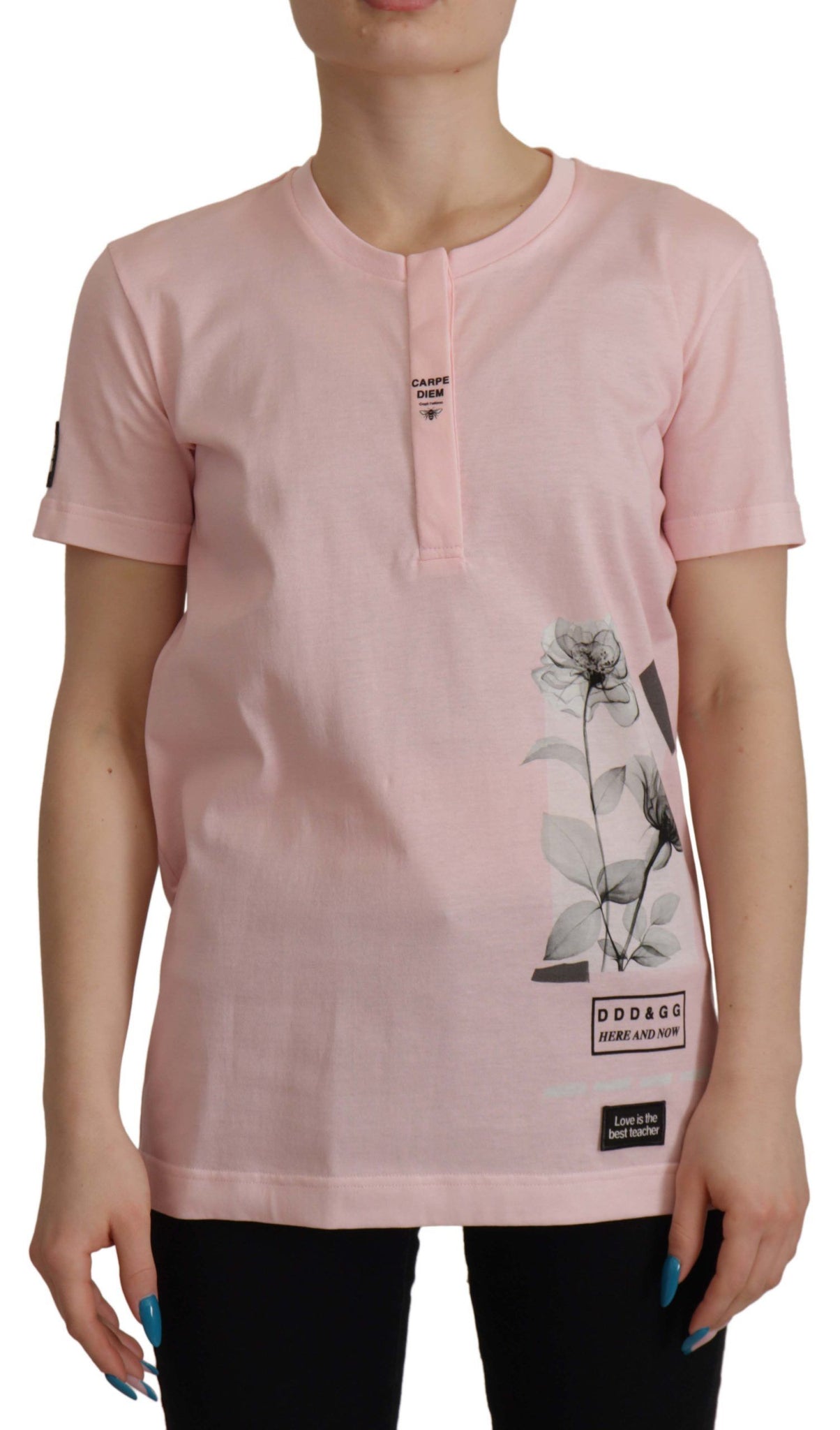 Pink Floral Cotton Henley Cotton  T-shirt