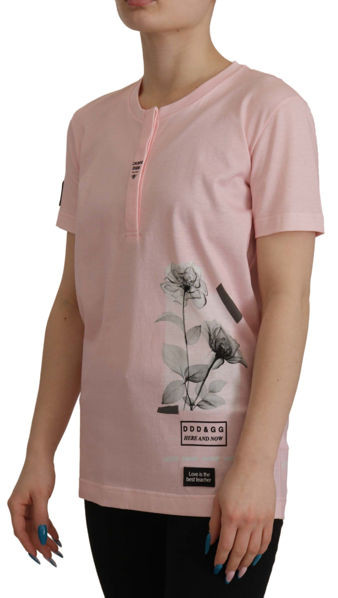 Pink Floral Cotton Henley Cotton  T-shirt