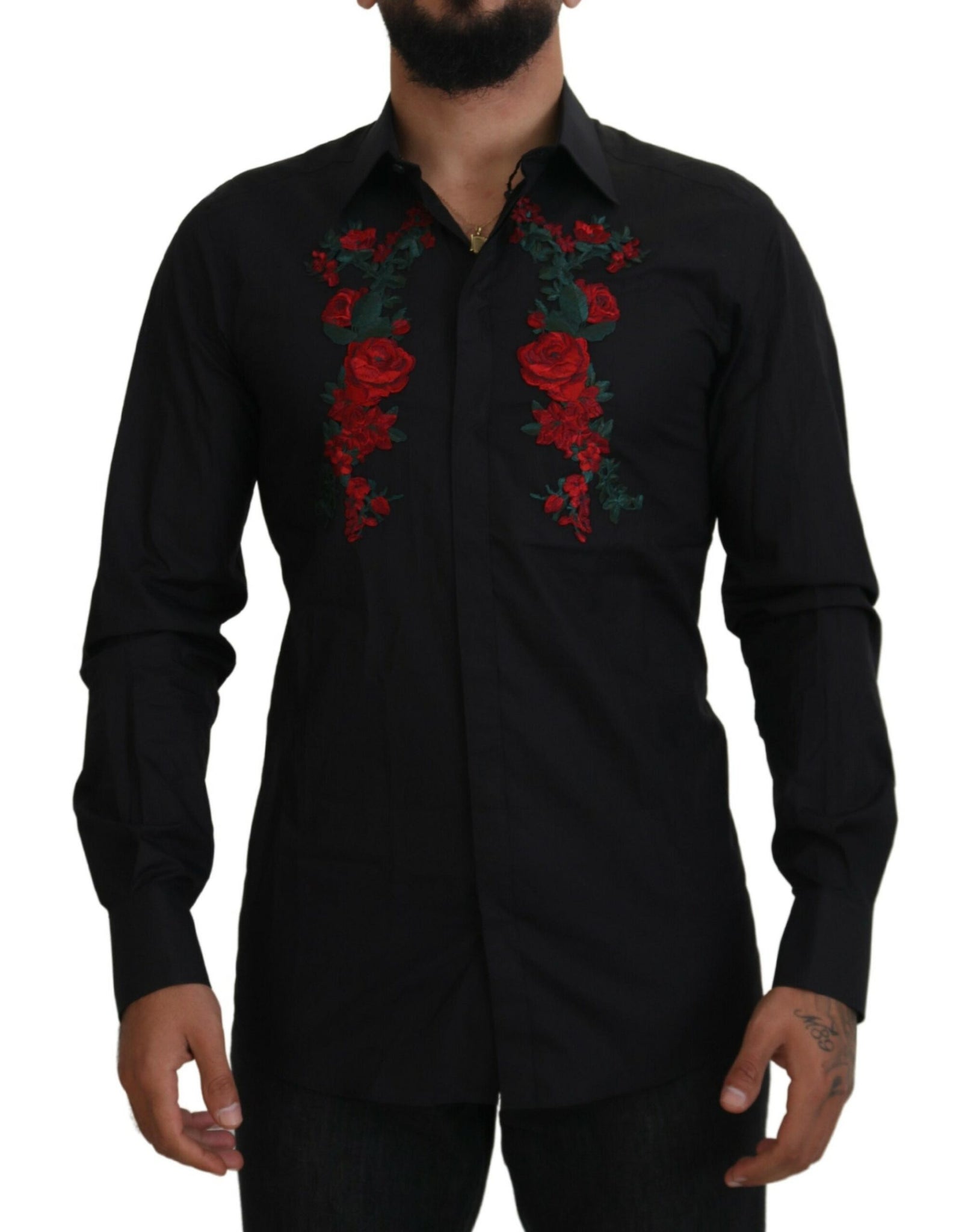 Dolce & Gabbana Black Floral Embroidery Men Long Sleeves GOLD Shirt