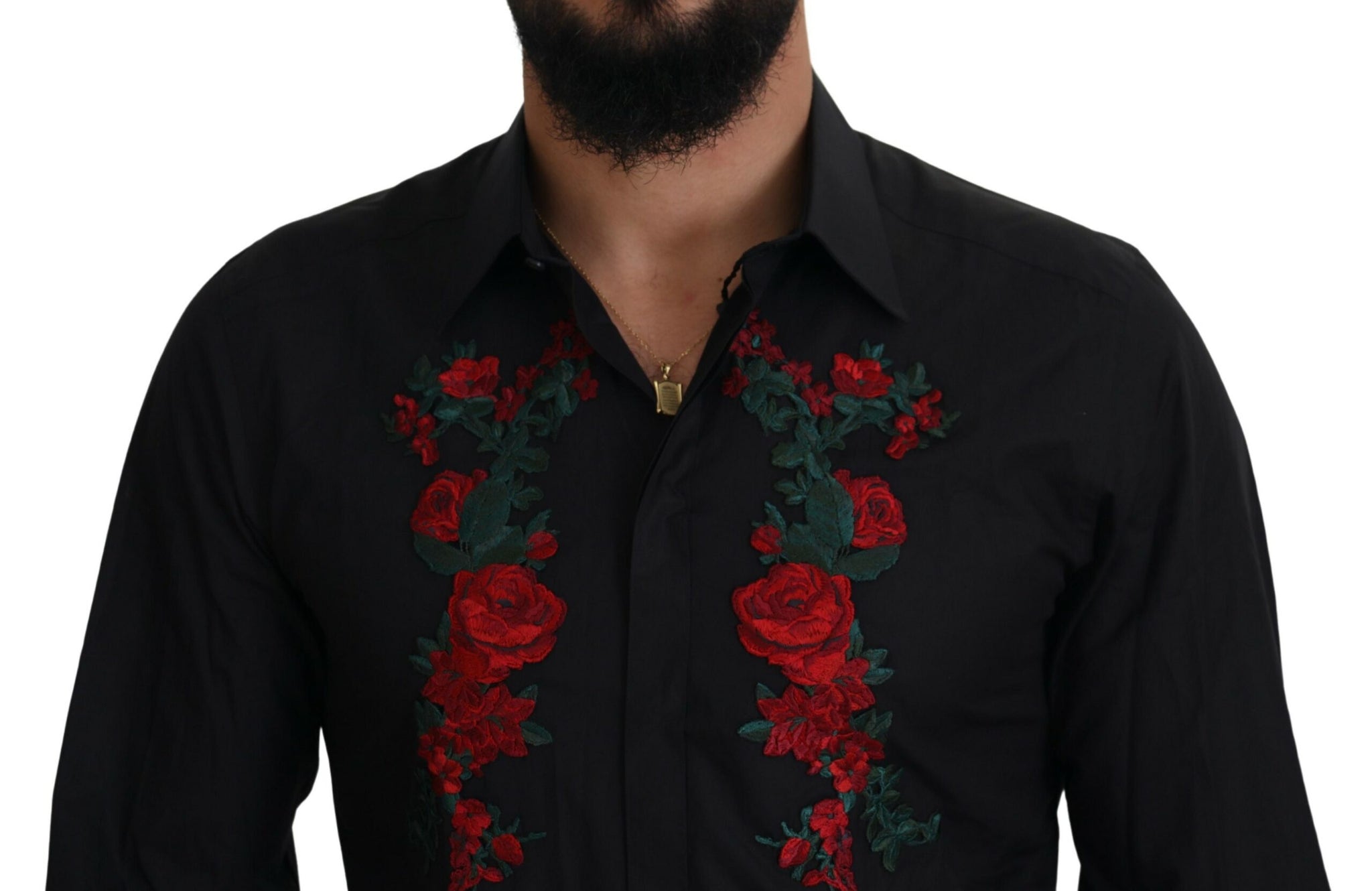 Dolce & Gabbana Black Floral Embroidery Men Long Sleeves GOLD Shirt